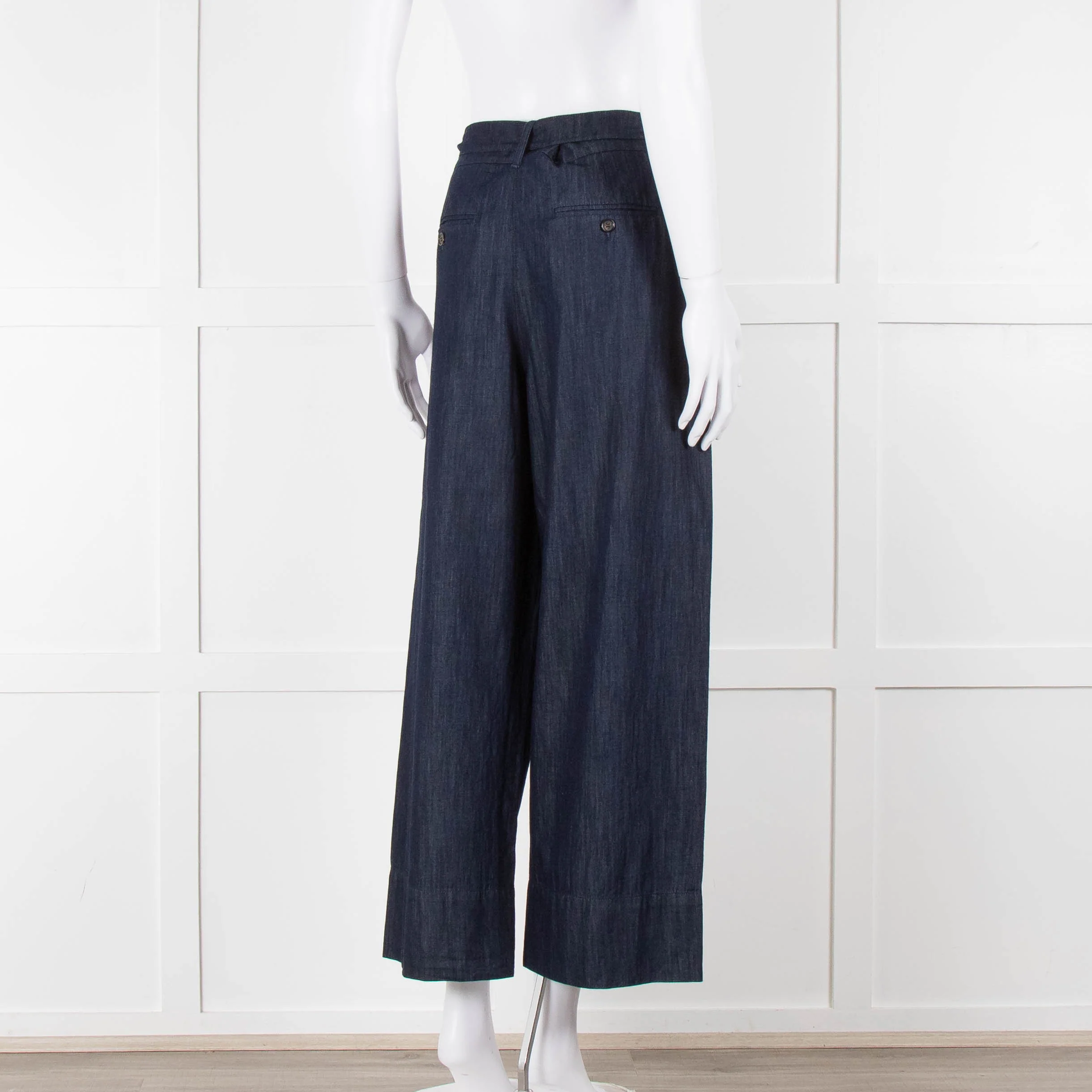 S Max Mara Blue Cotton Embellished Detail Cotton Wide Leg Trousers - Image 4