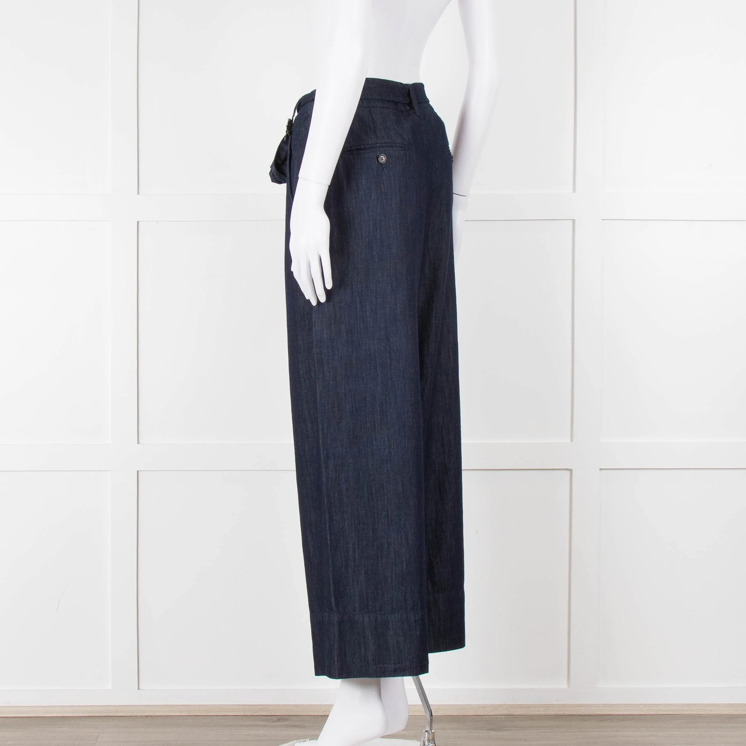 S Max Mara Blue Cotton Embellished Detail Cotton Wide Leg Trousers - Image 6