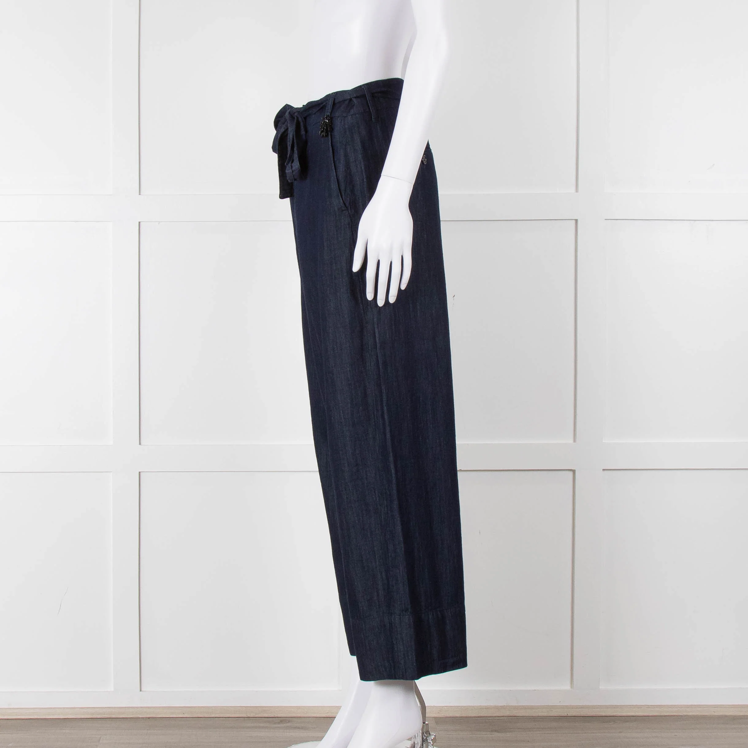 S Max Mara Blue Cotton Embellished Detail Cotton Wide Leg Trousers - Image 7