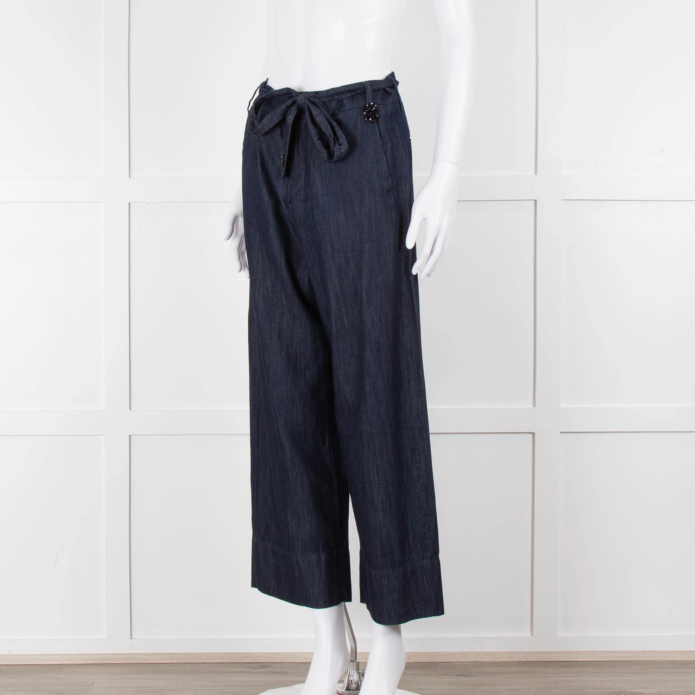 S Max Mara Blue Cotton Embellished Detail Cotton Wide Leg Trousers - Image 8