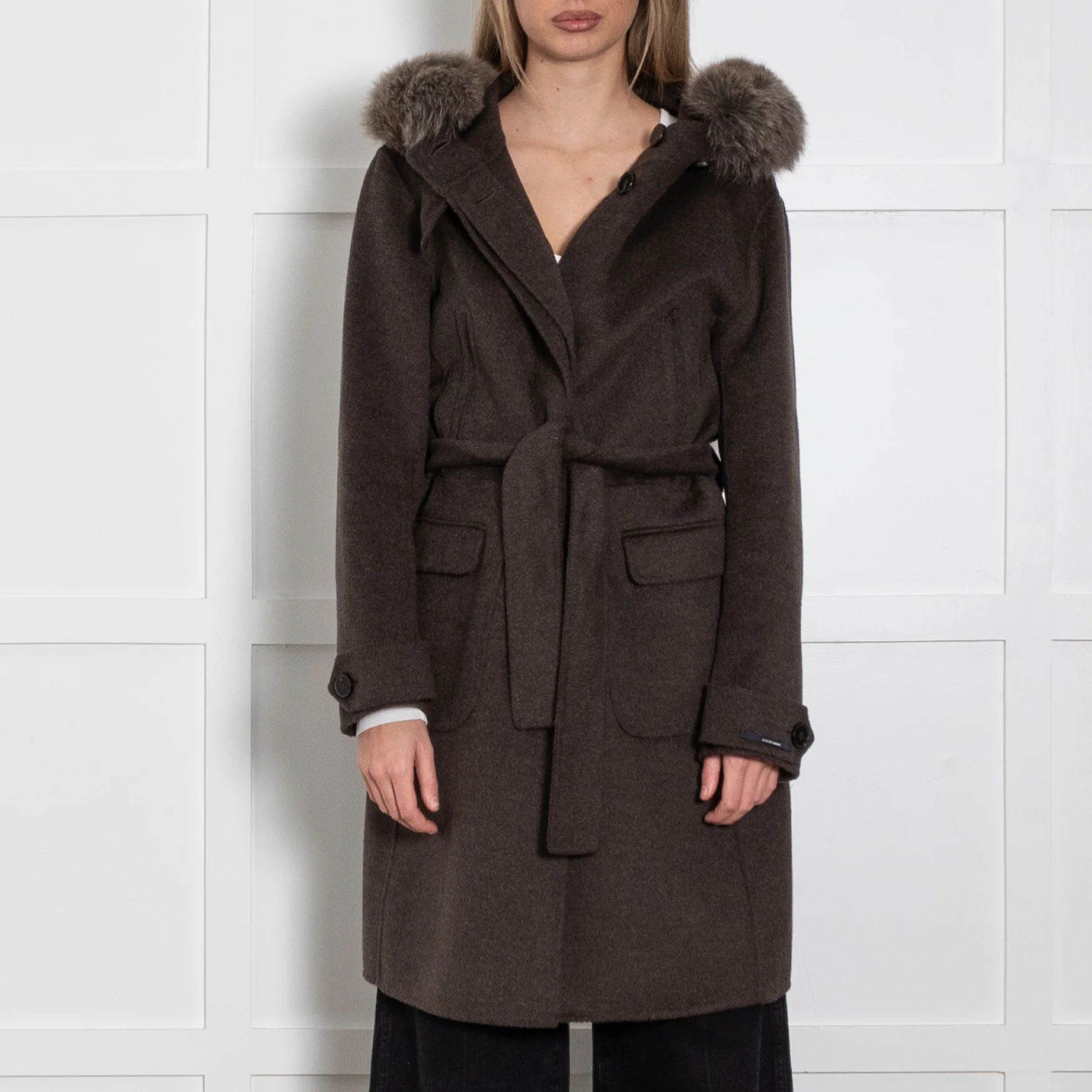 S Max Mara Brown Angora Blend Fur Trim Hooded Coat - Image 2