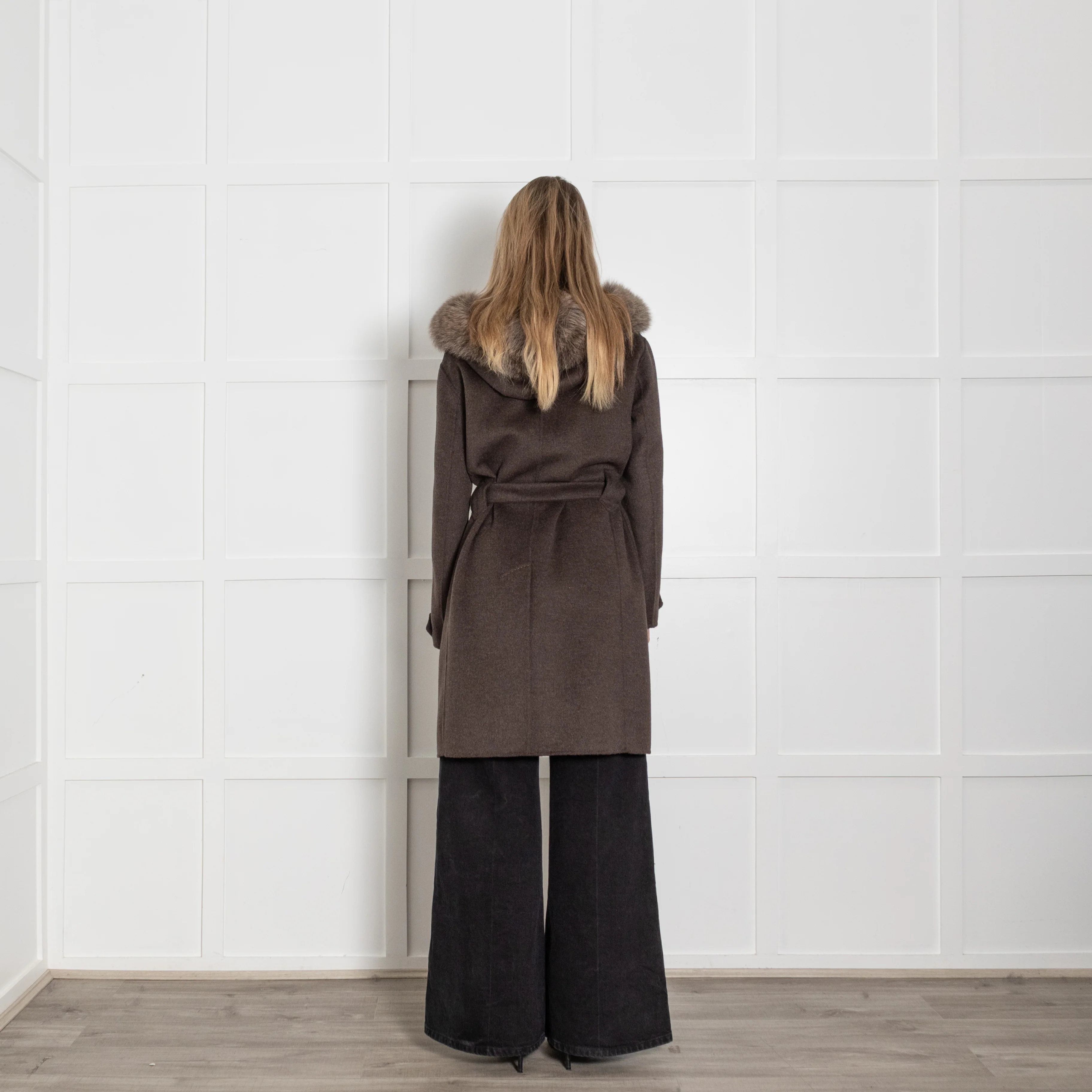 S Max Mara Brown Angora Blend Fur Trim Hooded Coat - Image 5