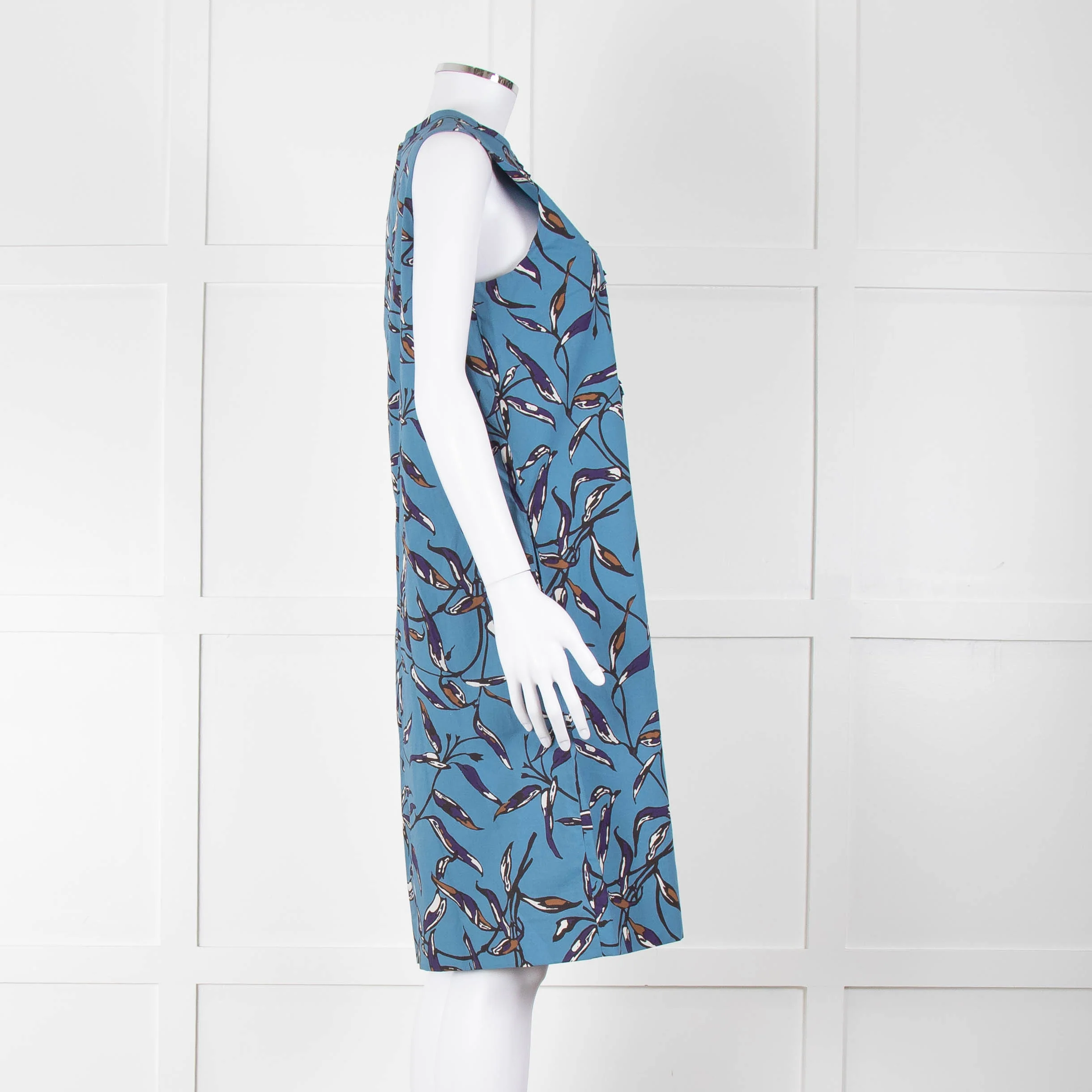 S Max Mara Blue Black Botanical Print Pin Tuck Shift Dress - Image 3