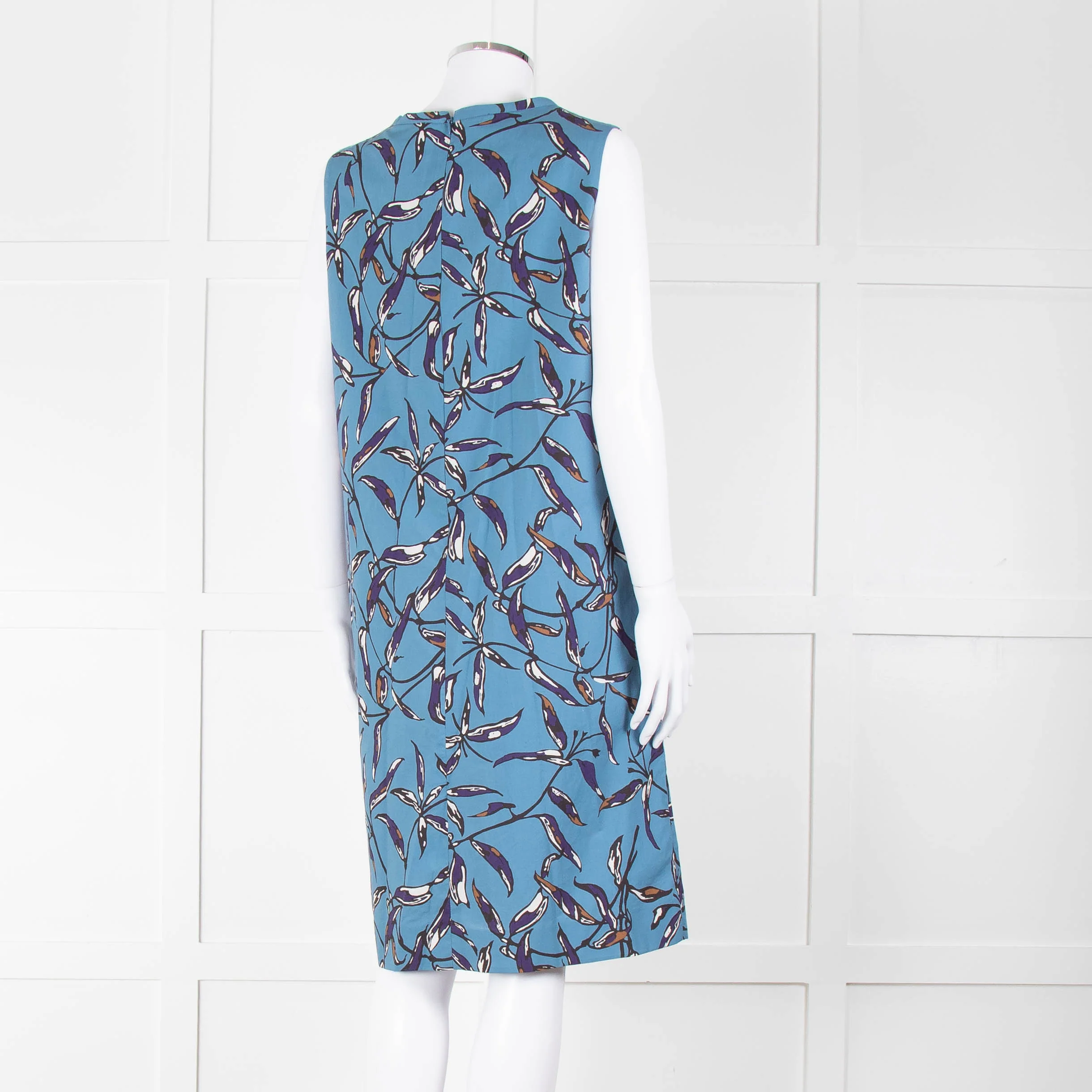 S Max Mara Blue Black Botanical Print Pin Tuck Shift Dress - Image 4