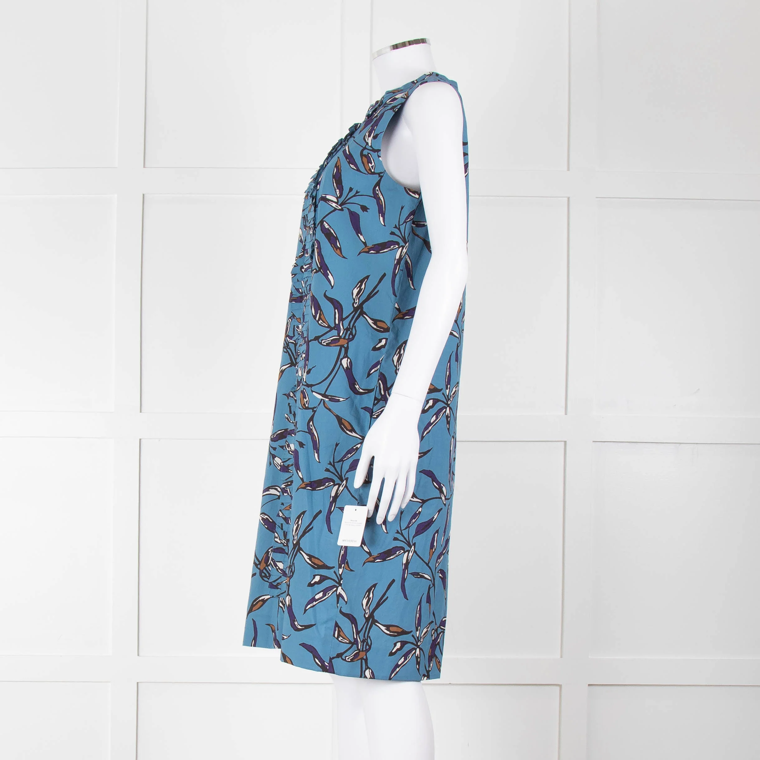 S Max Mara Blue Black Botanical Print Pin Tuck Shift Dress - Image 7