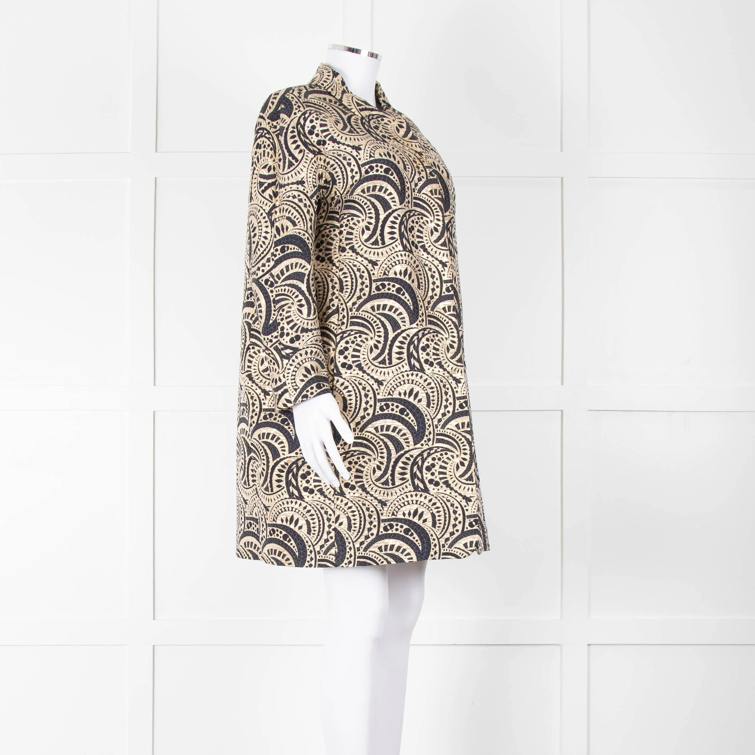 S Max Mara Gold Navy Geometric Jacquard Print Coat - Image 2