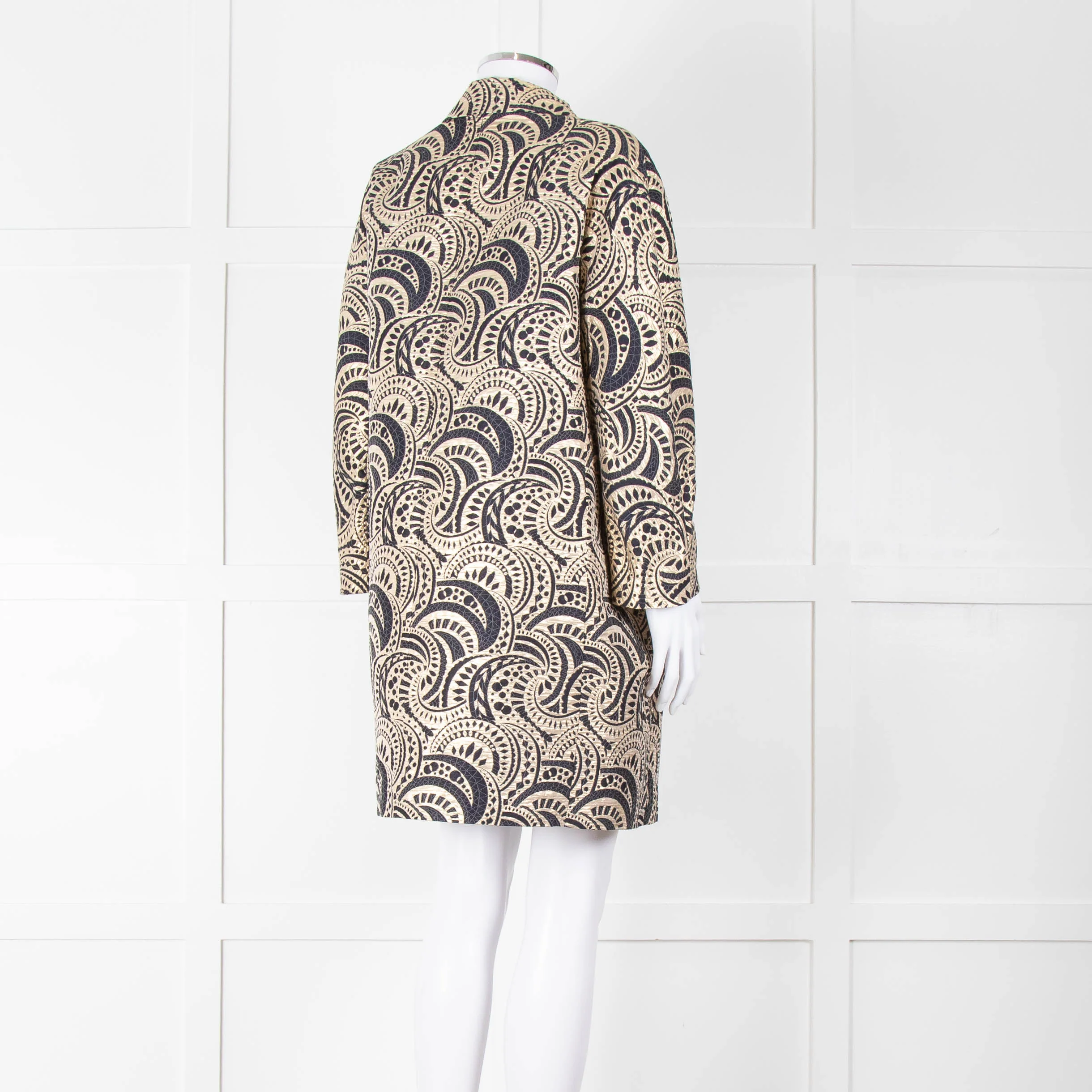 S Max Mara Gold Navy Geometric Jacquard Print Coat - Image 4