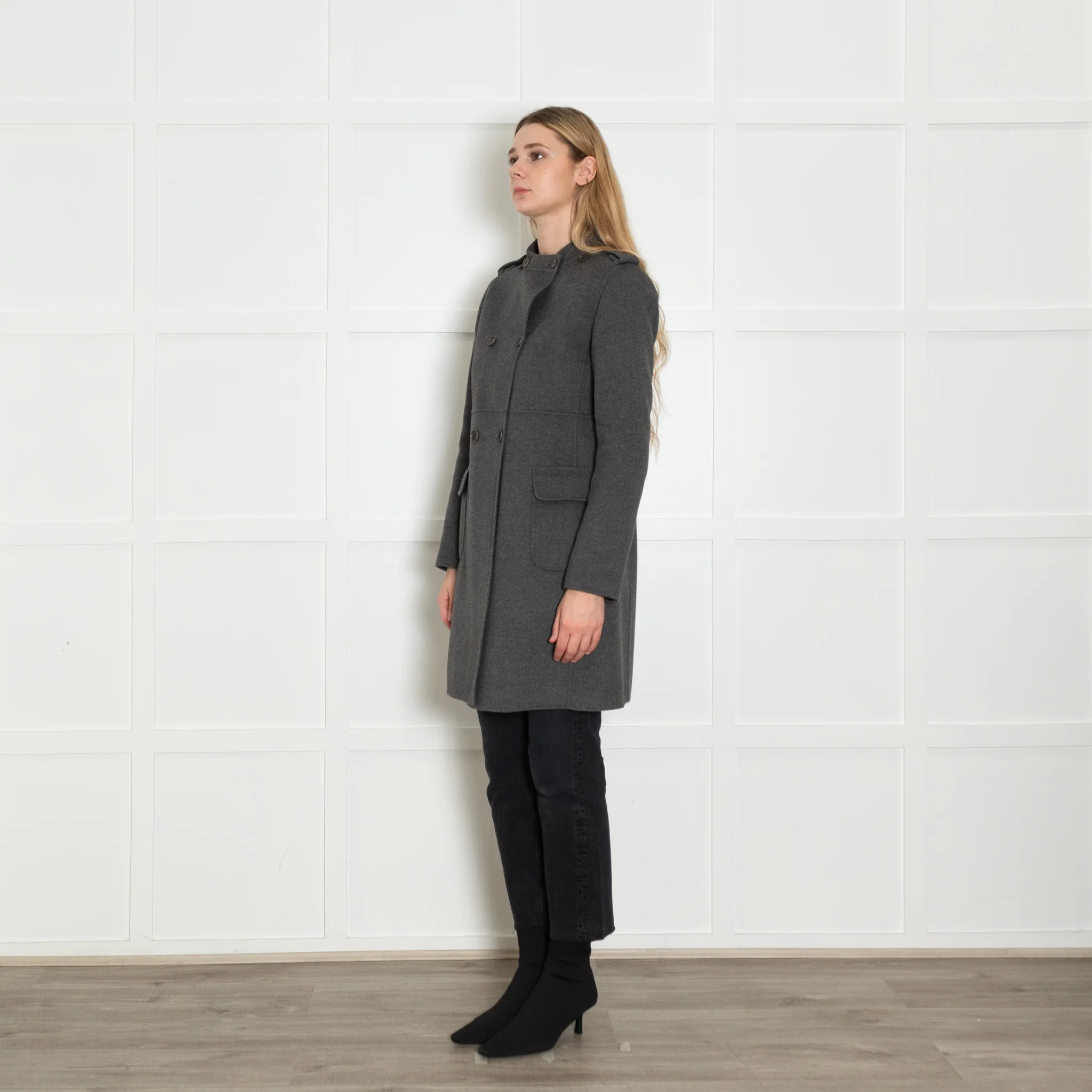 S Max Mara Grey Double Breasted Angora Blend Coat - Image 3