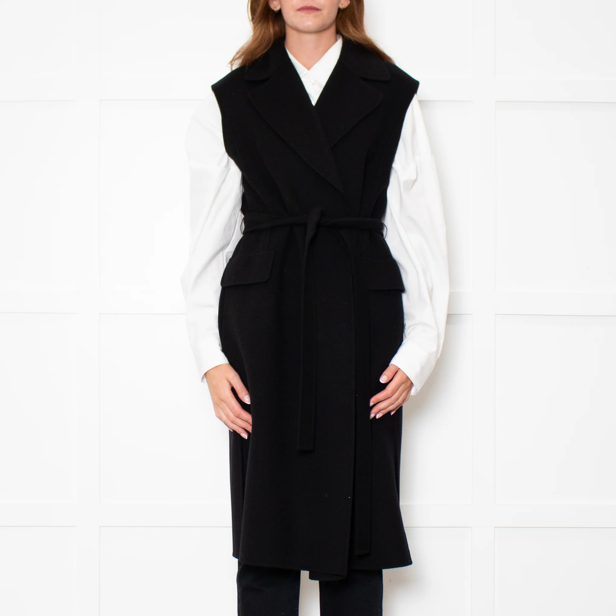 S Max Mara Black Belted Longline Virgin Wool Gilet - Image 2
