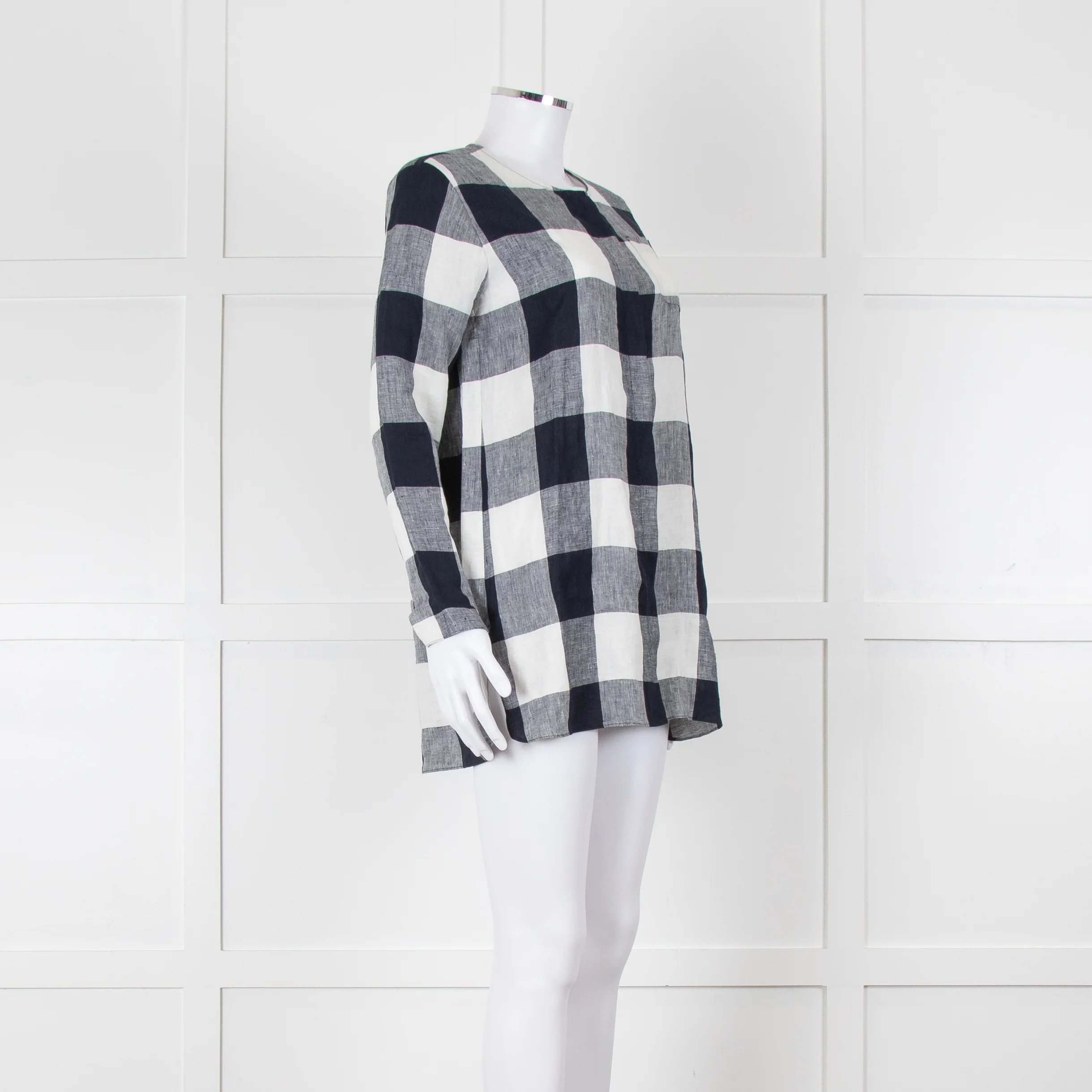 S Max Mara Navy Blue White Macro Check Linen Blouse - Image 2