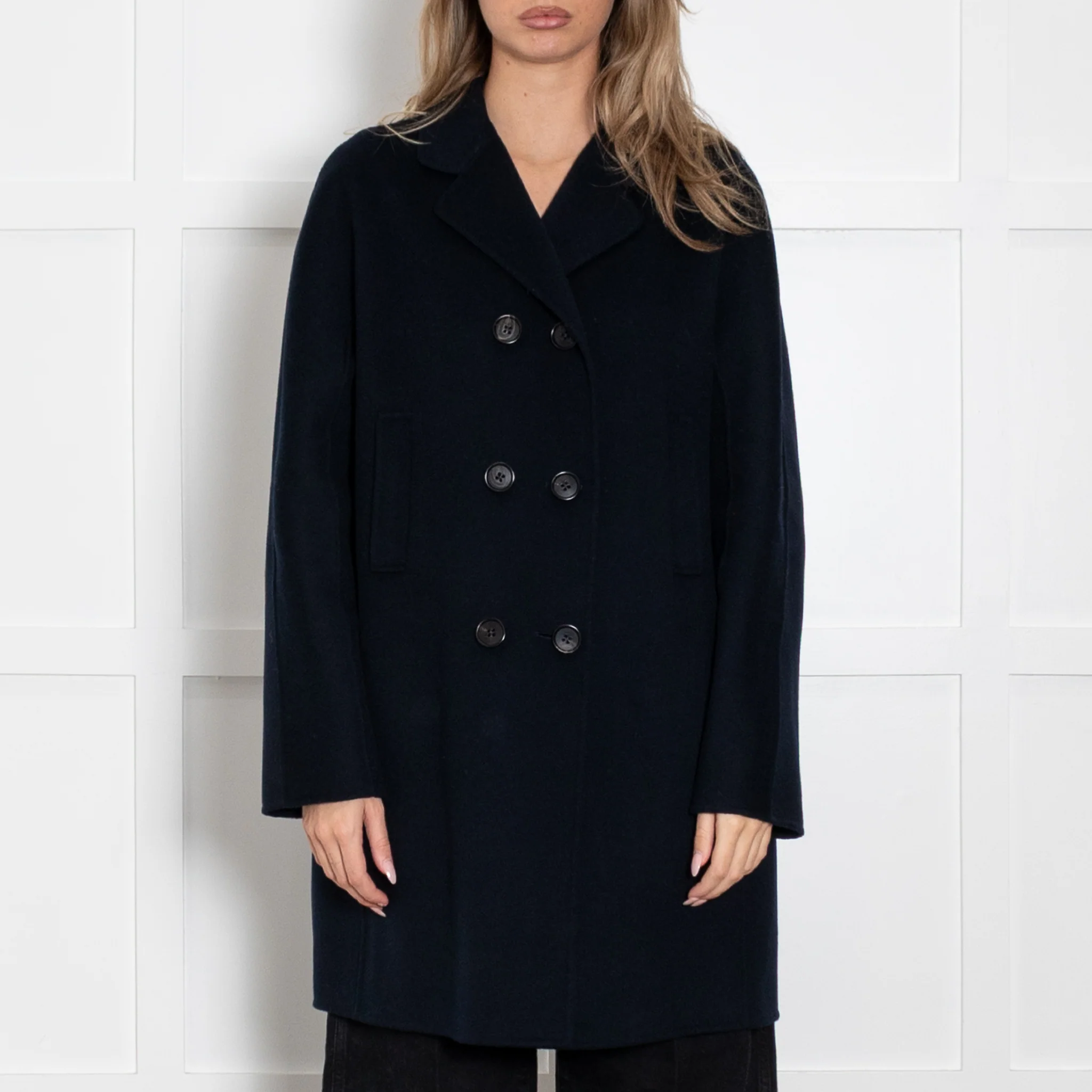 S Max Mara Navy Blue Wool Double Breasted Short Coat - Image 2