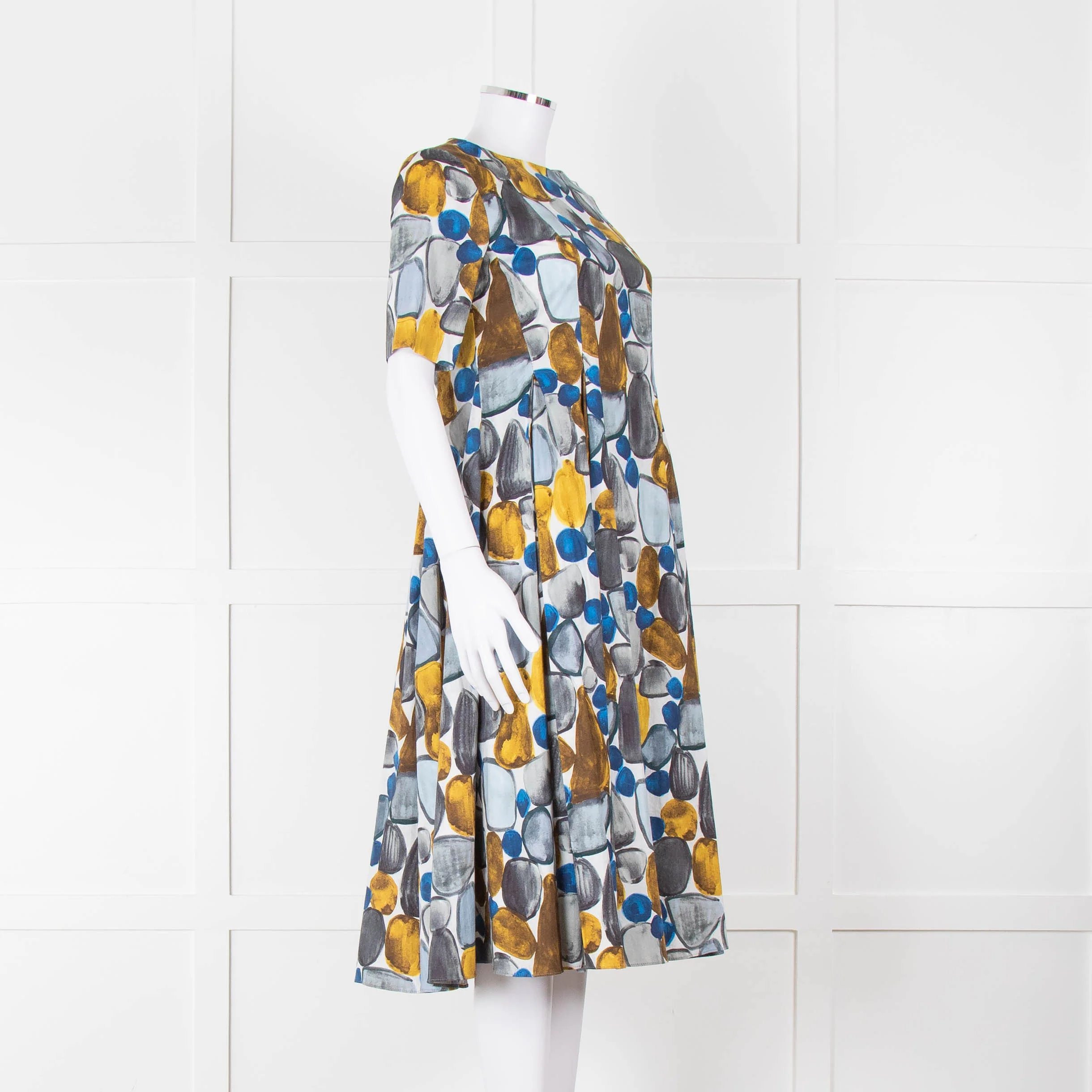 S Max Mara White Grey Yellow Circle Print Short Sleeve Midi Dress - Image 2