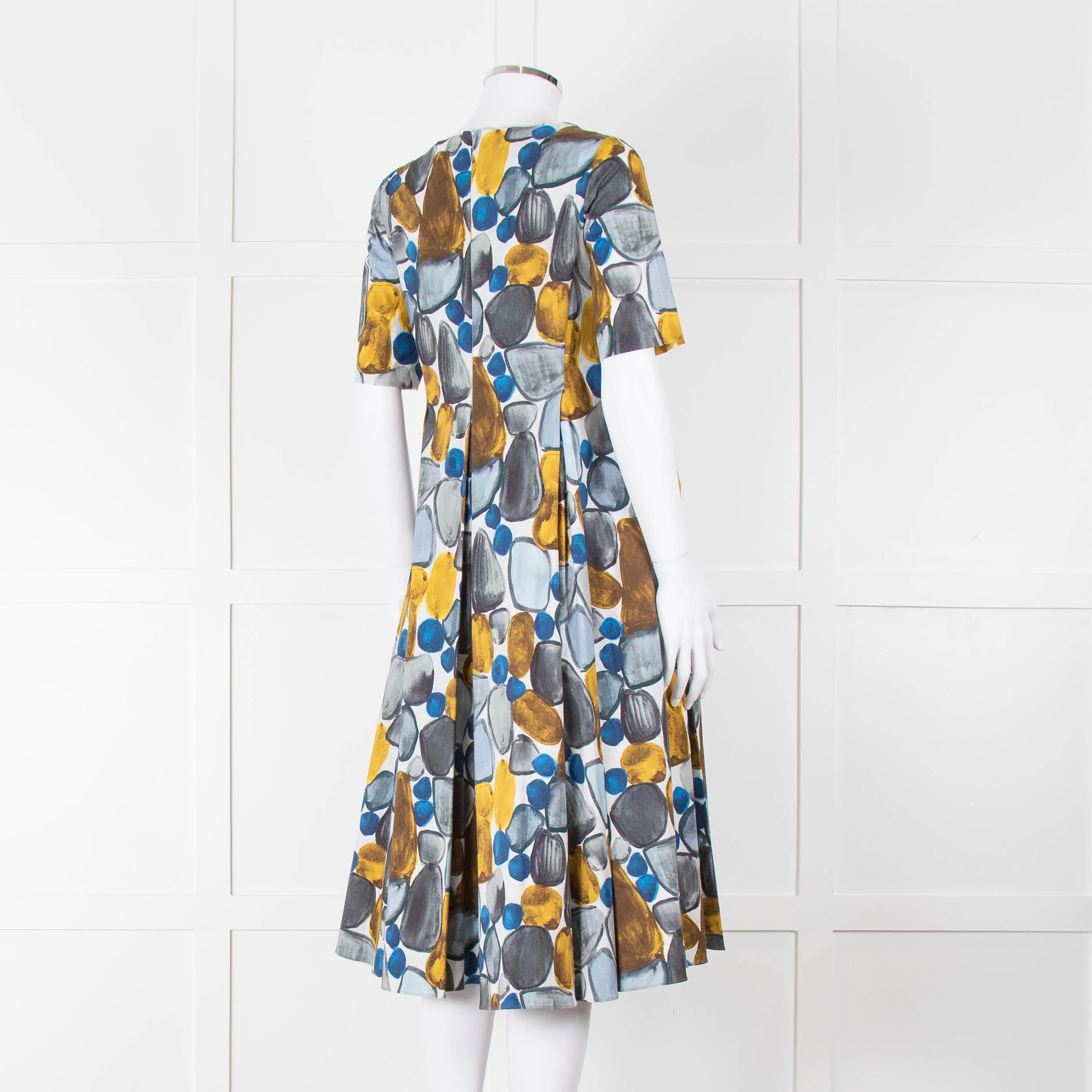 S Max Mara White Grey Yellow Circle Print Short Sleeve Midi Dress - Image 4