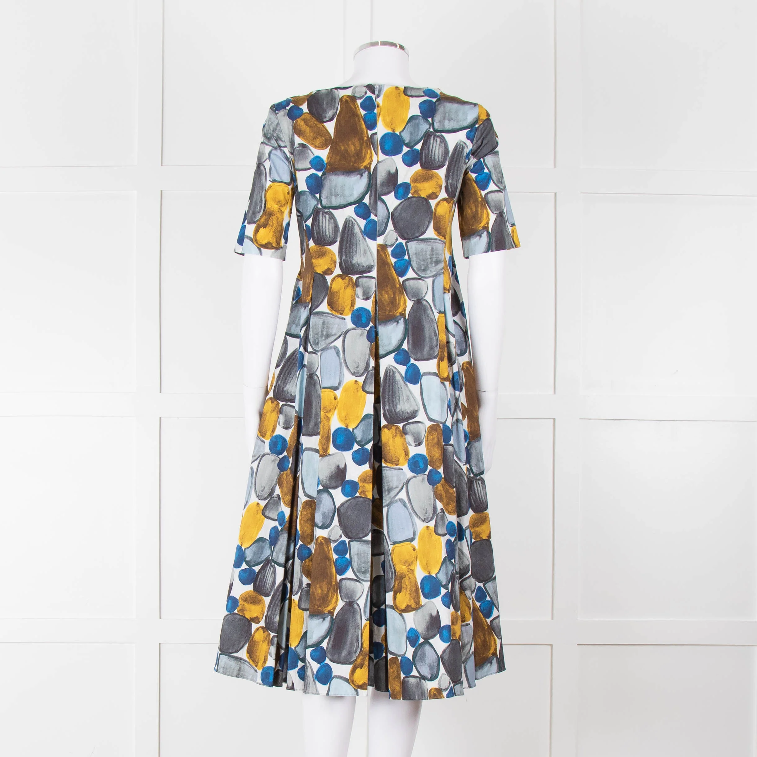 S Max Mara White Grey Yellow Circle Print Short Sleeve Midi Dress - Image 5
