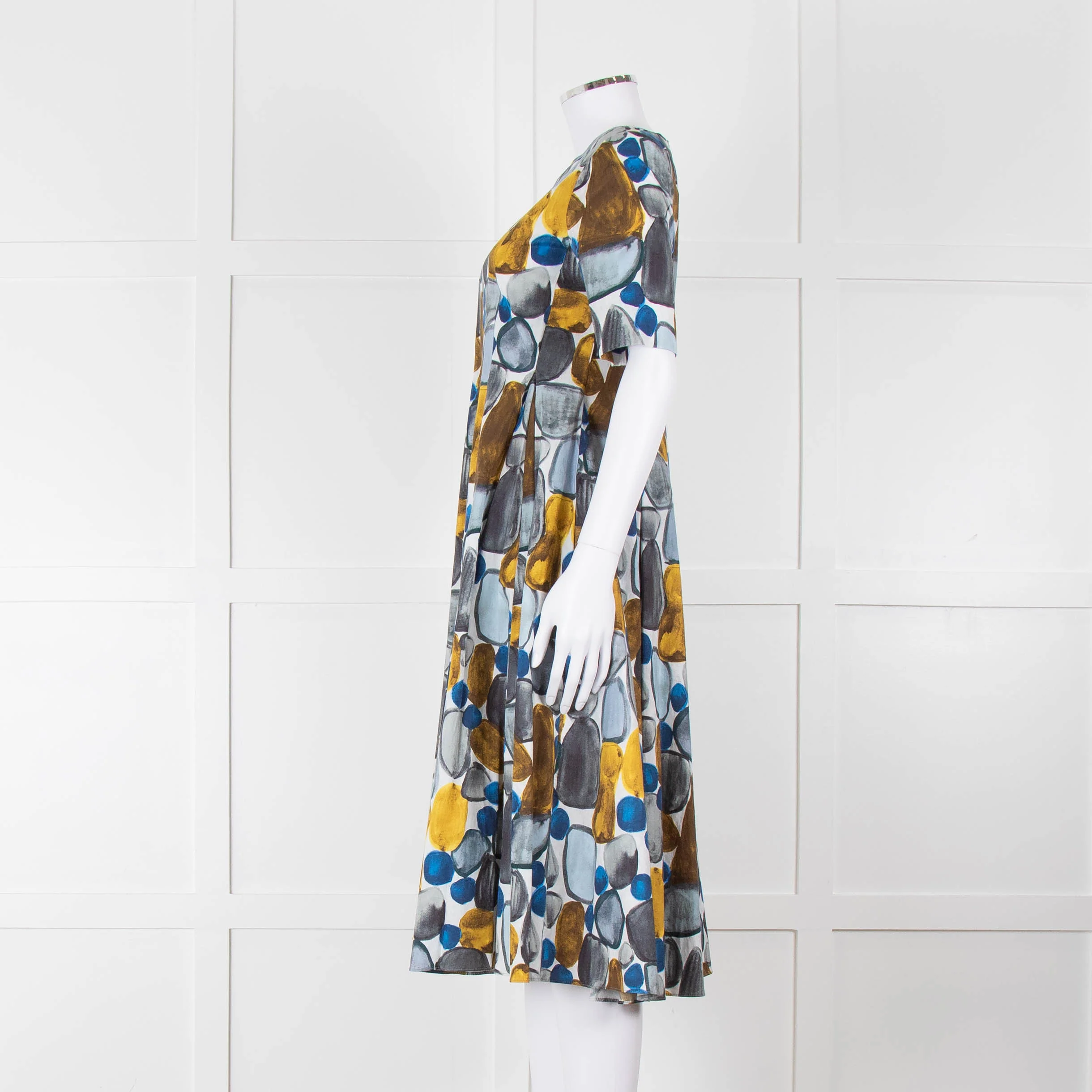 S Max Mara White Grey Yellow Circle Print Short Sleeve Midi Dress - Image 7