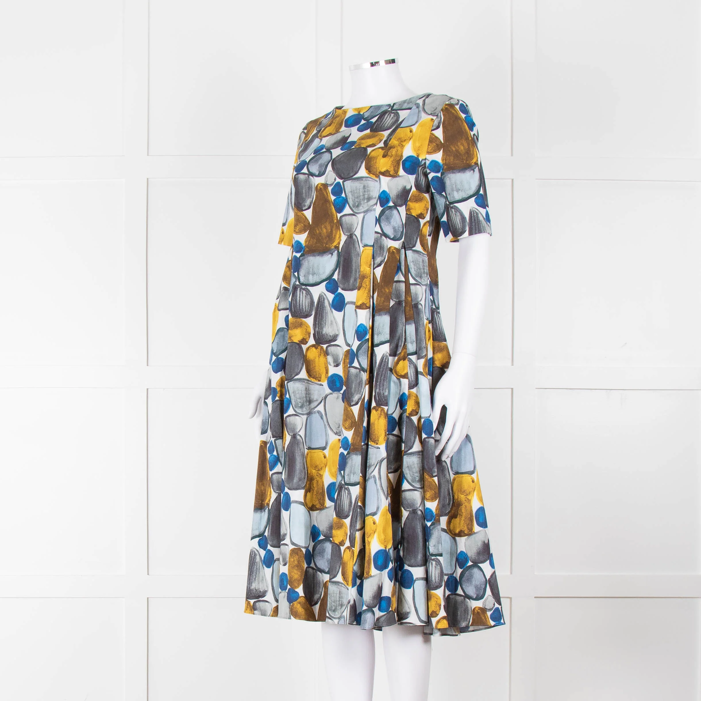 S Max Mara White Grey Yellow Circle Print Short Sleeve Midi Dress - Image 8