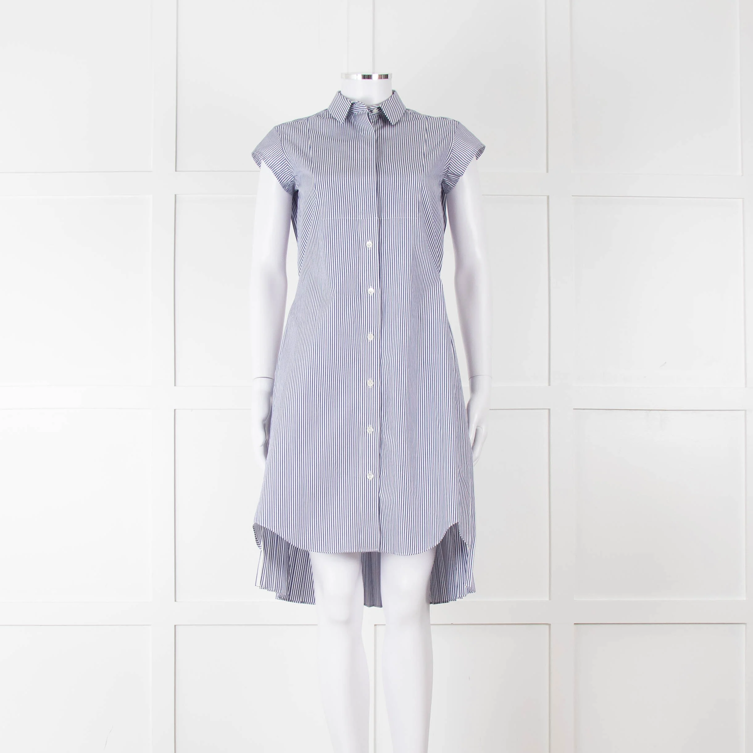 Sacai Blue And White Striped Cotton Dress With Pleated Back And Capped Sleeves
