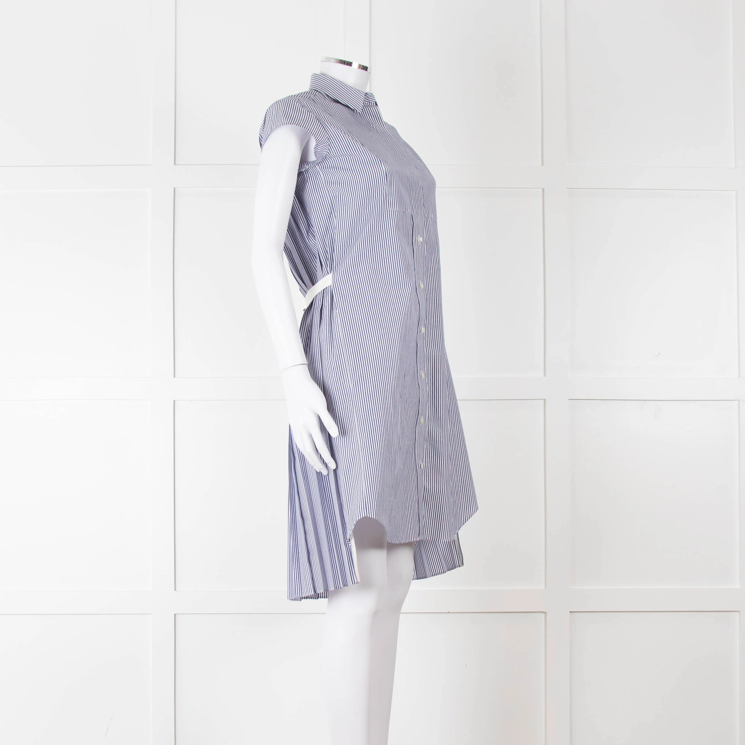 Sacai Blue And White Striped Cotton Dress With Pleated Back And Capped Sleeves - Image 2