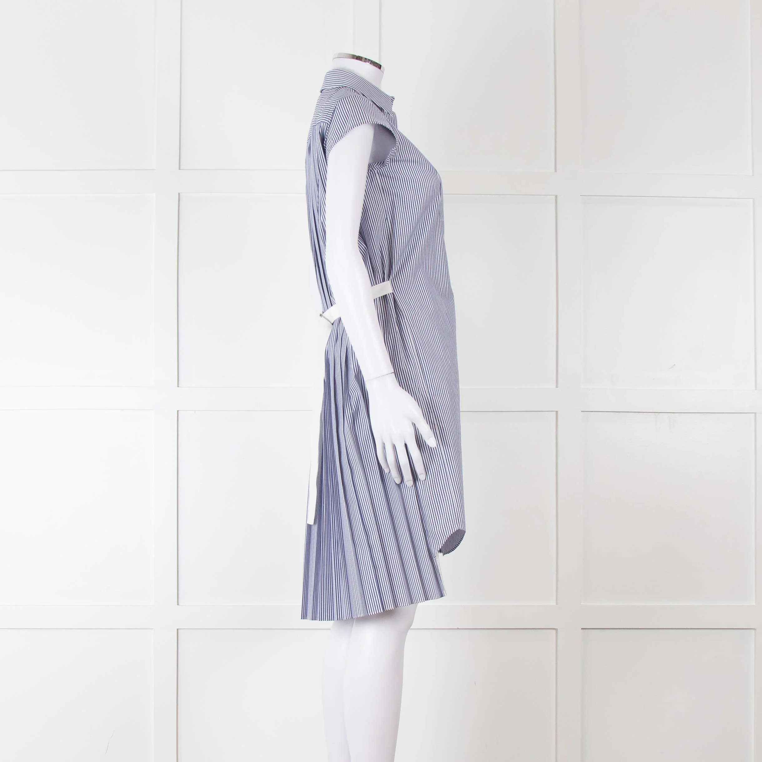 Sacai Blue And White Striped Cotton Dress With Pleated Back And Capped Sleeves - Image 3