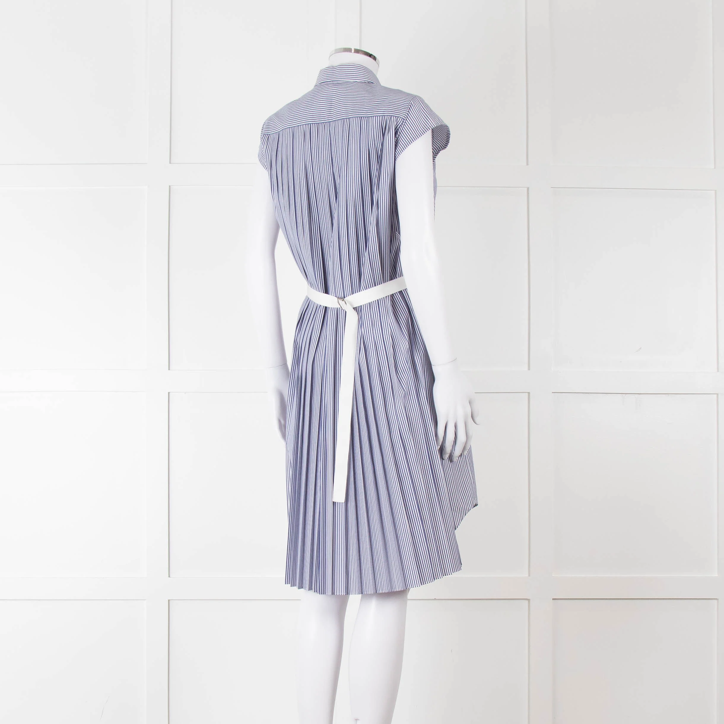 Sacai Blue And White Striped Cotton Dress With Pleated Back And Capped Sleeves - Image 4