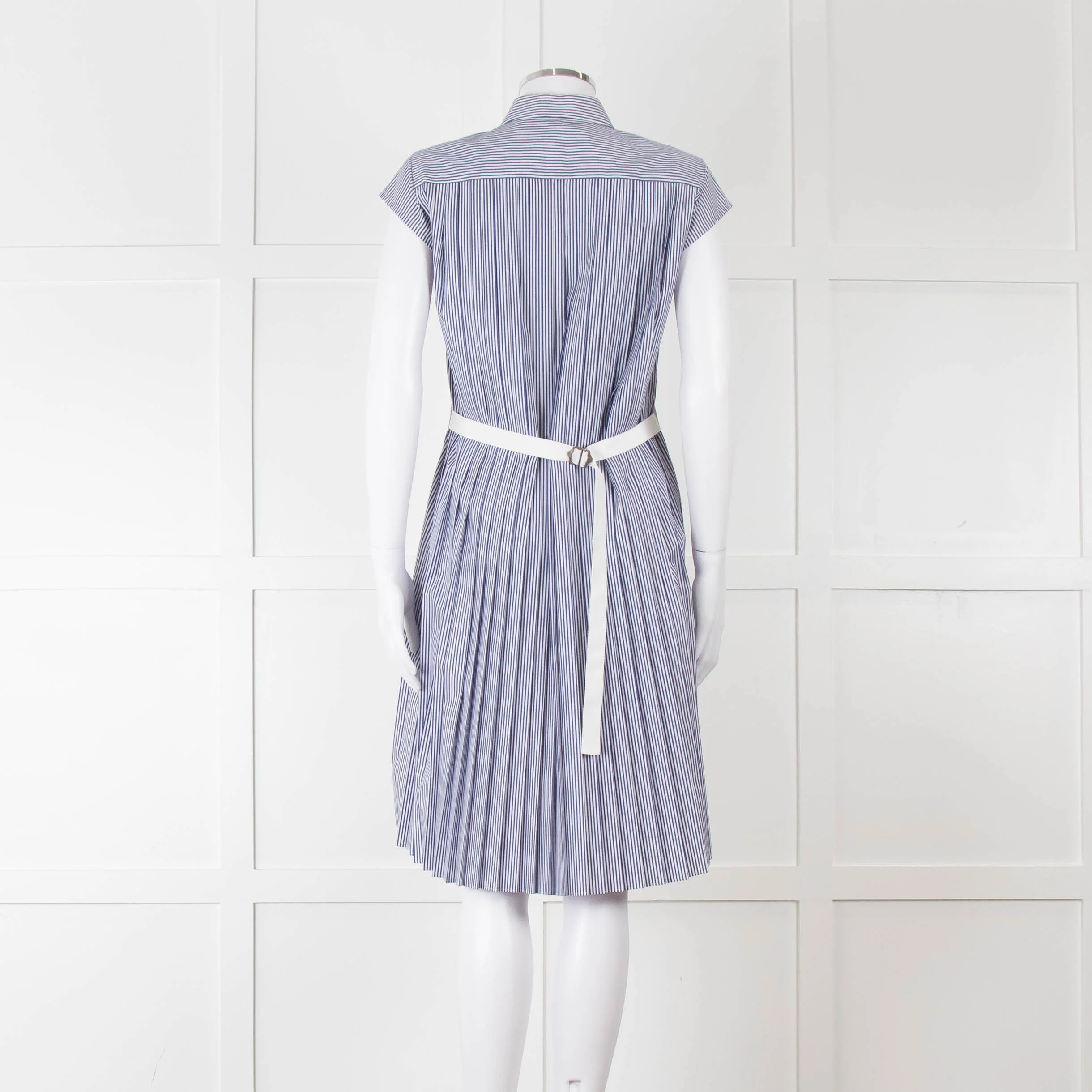 Sacai Blue And White Striped Cotton Dress With Pleated Back And Capped Sleeves - Image 5