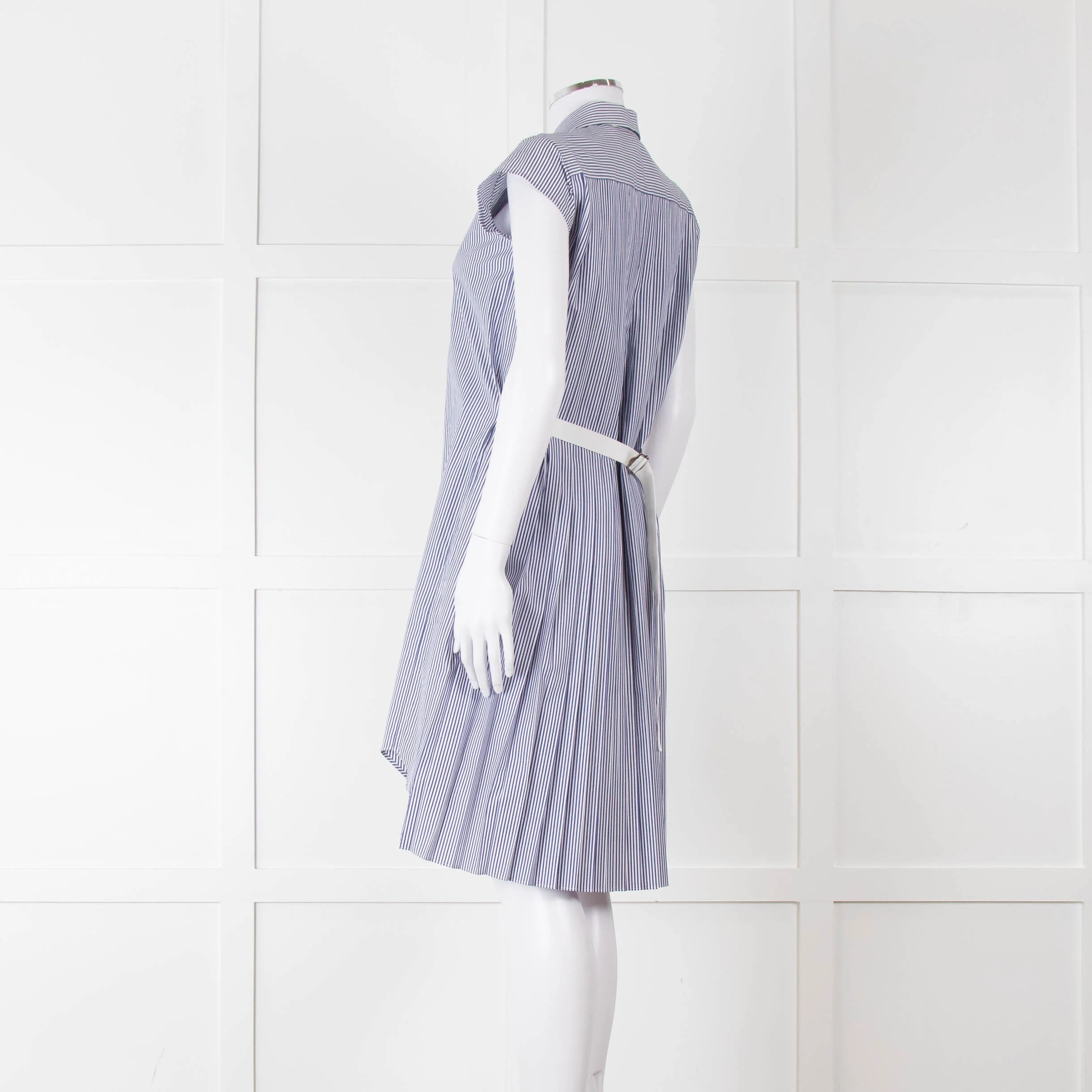Sacai Blue And White Striped Cotton Dress With Pleated Back And Capped Sleeves - Image 6