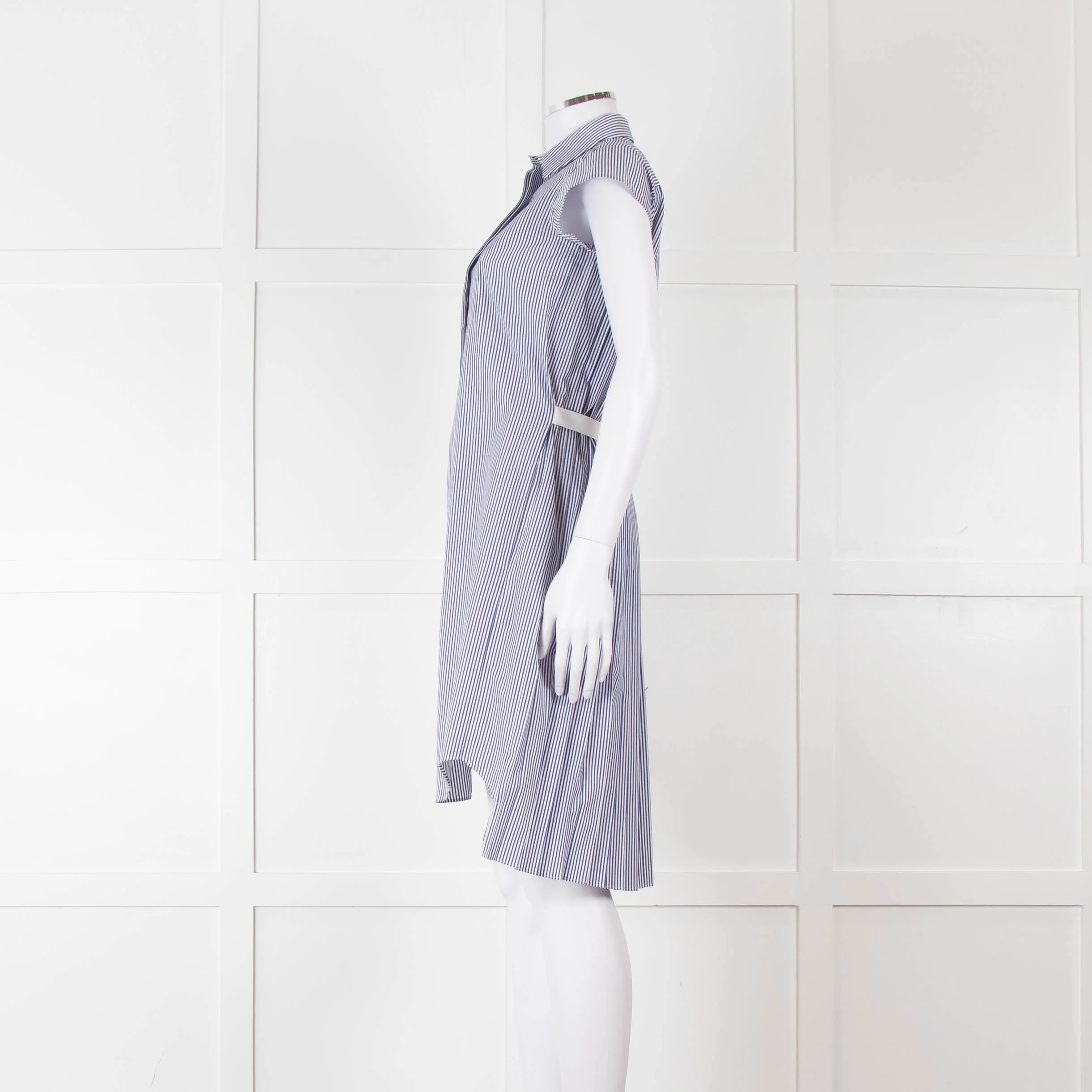 Sacai Blue And White Striped Cotton Dress With Pleated Back And Capped Sleeves - Image 7