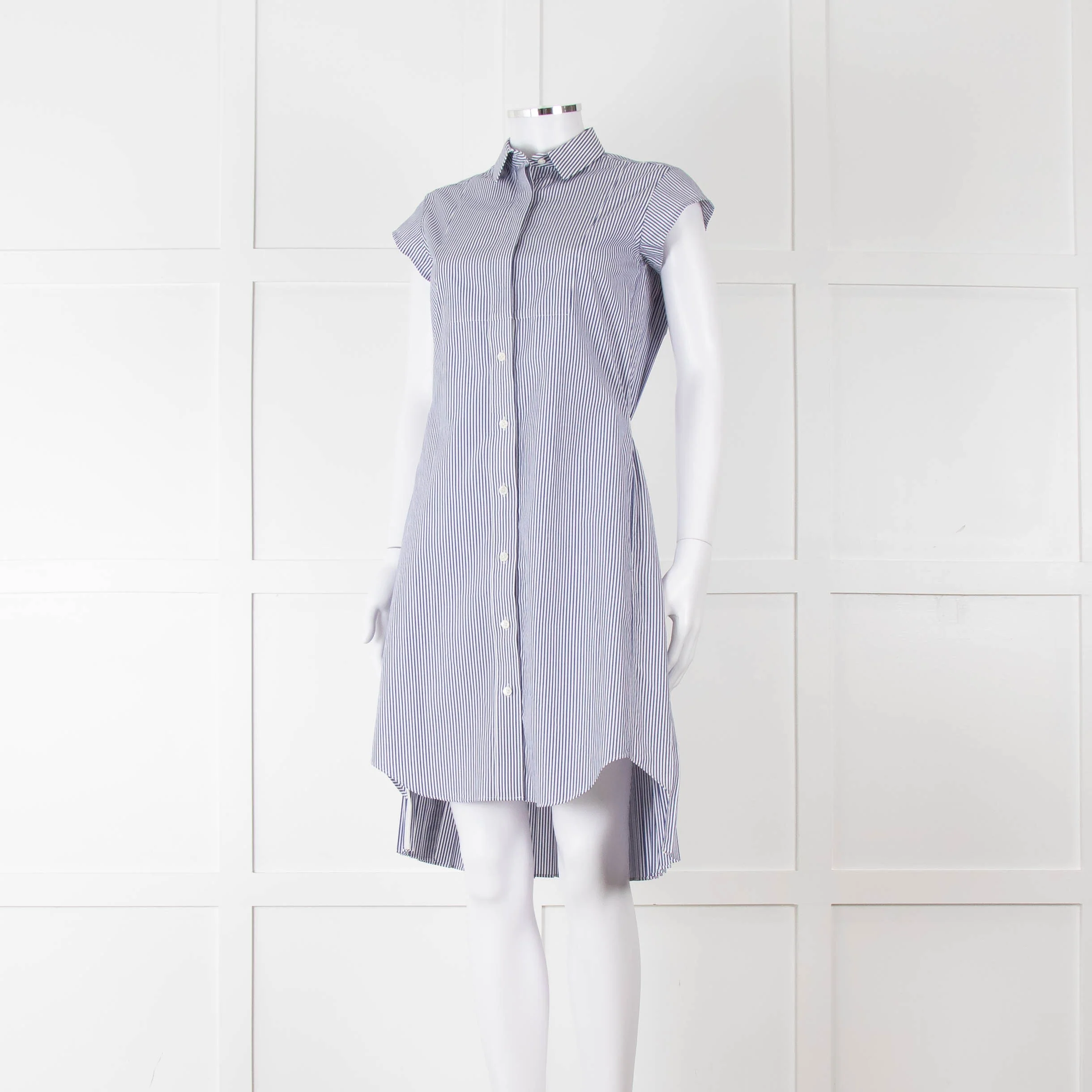 Sacai Blue And White Striped Cotton Dress With Pleated Back And Capped Sleeves - Image 8
