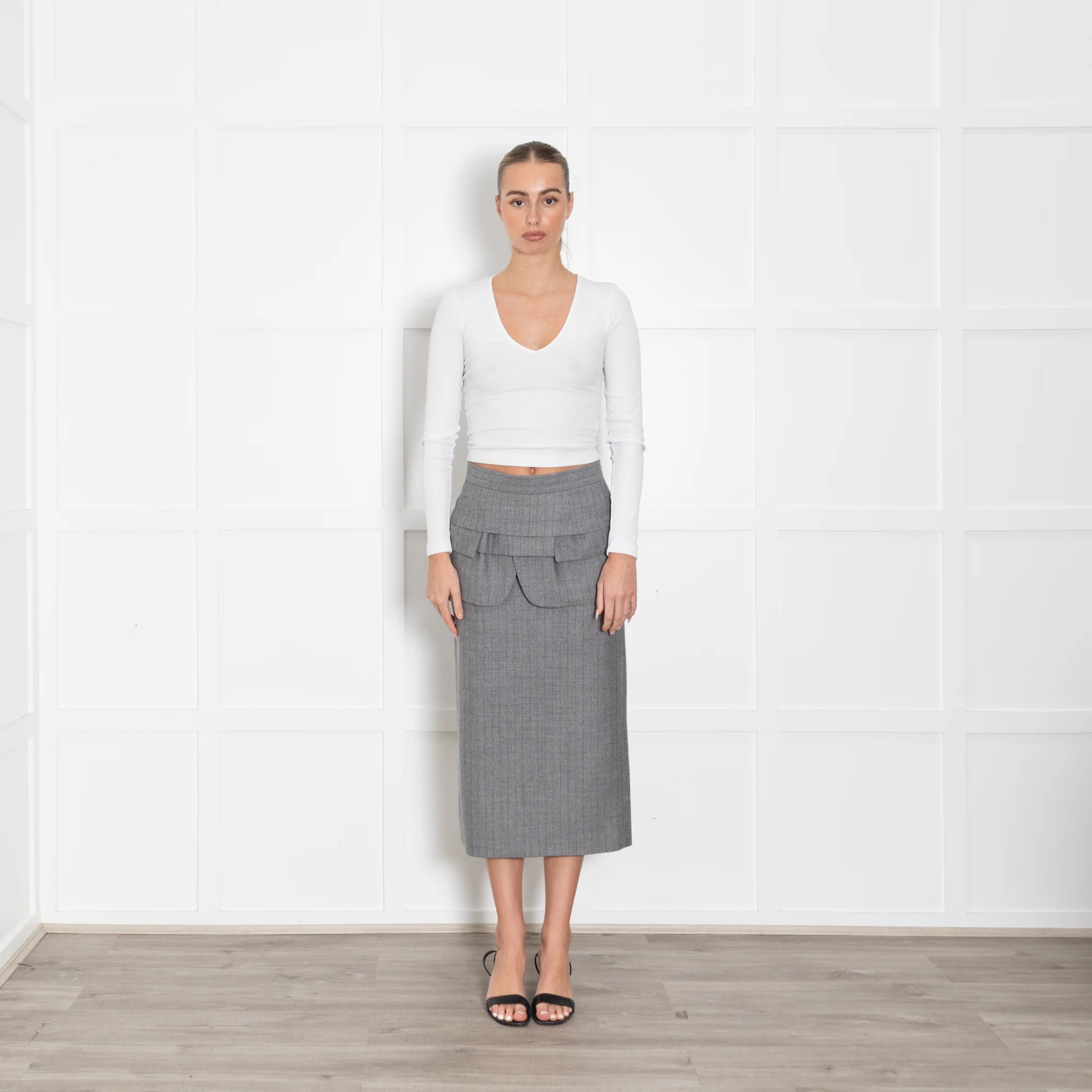 Sacai Grey Pinstripe Mid Skirt With Layered Ruffled Trim Detail