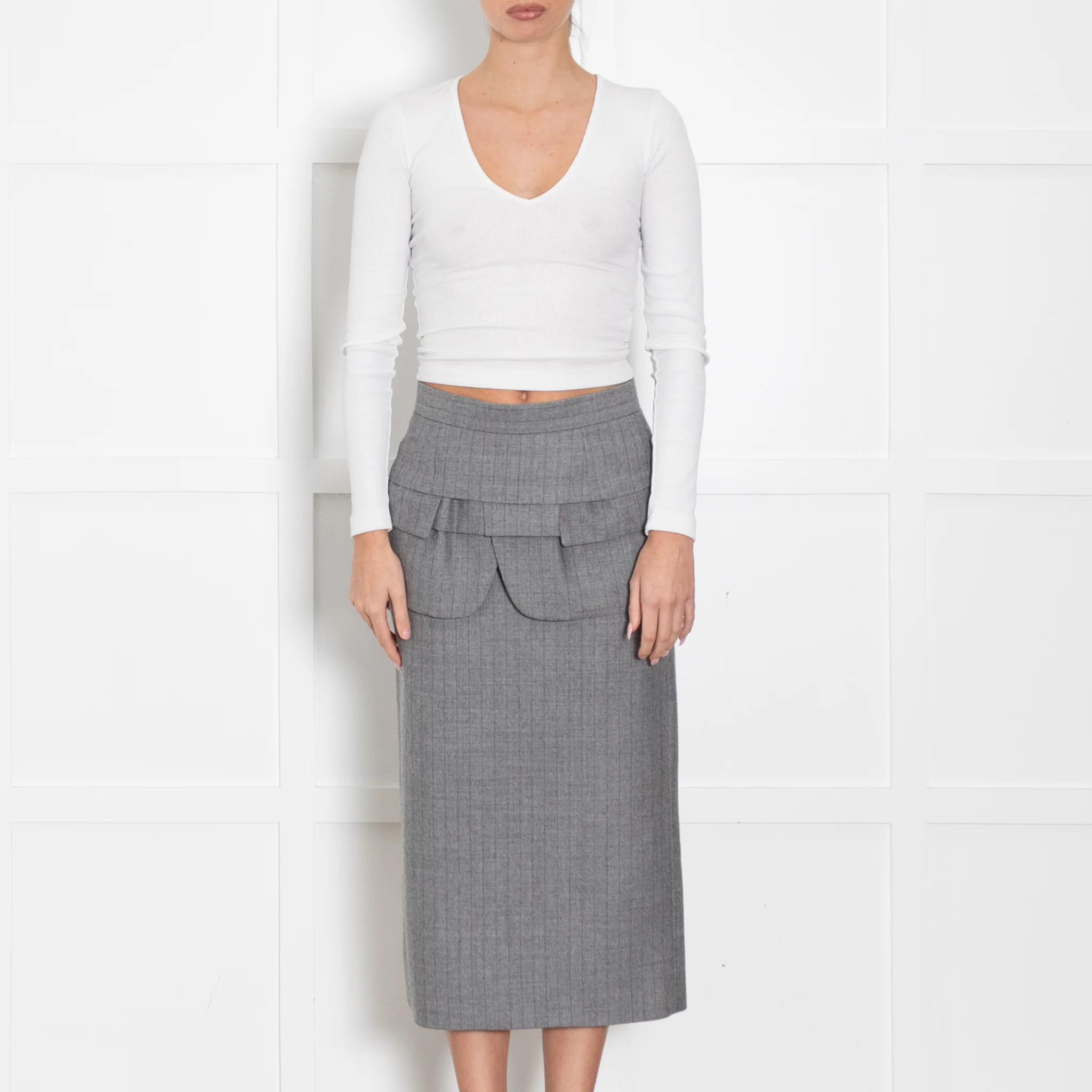 Sacai Grey Pinstripe Mid Skirt With Layered Ruffled Trim Detail - Image 2
