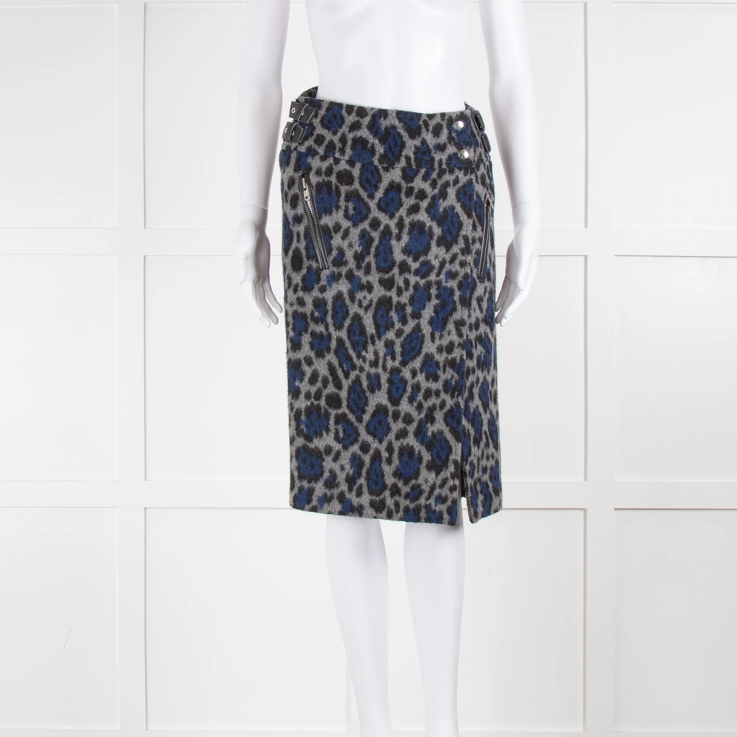 Sacai Luck Grey and Blue Leopard Print Wrap Skirt with Front Split - Image 2