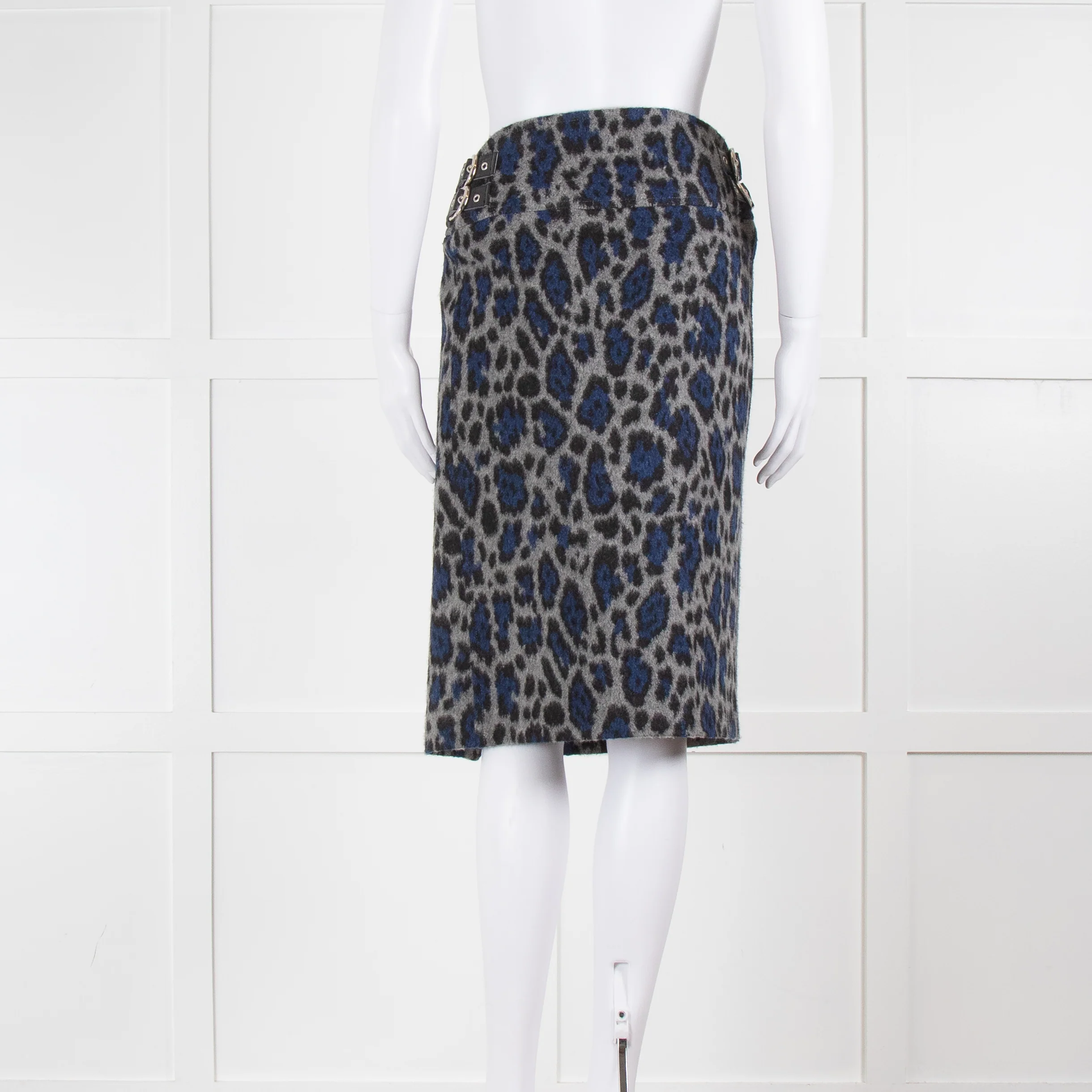 Sacai Luck Grey and Blue Leopard Print Wrap Skirt with Front Split - Image 6