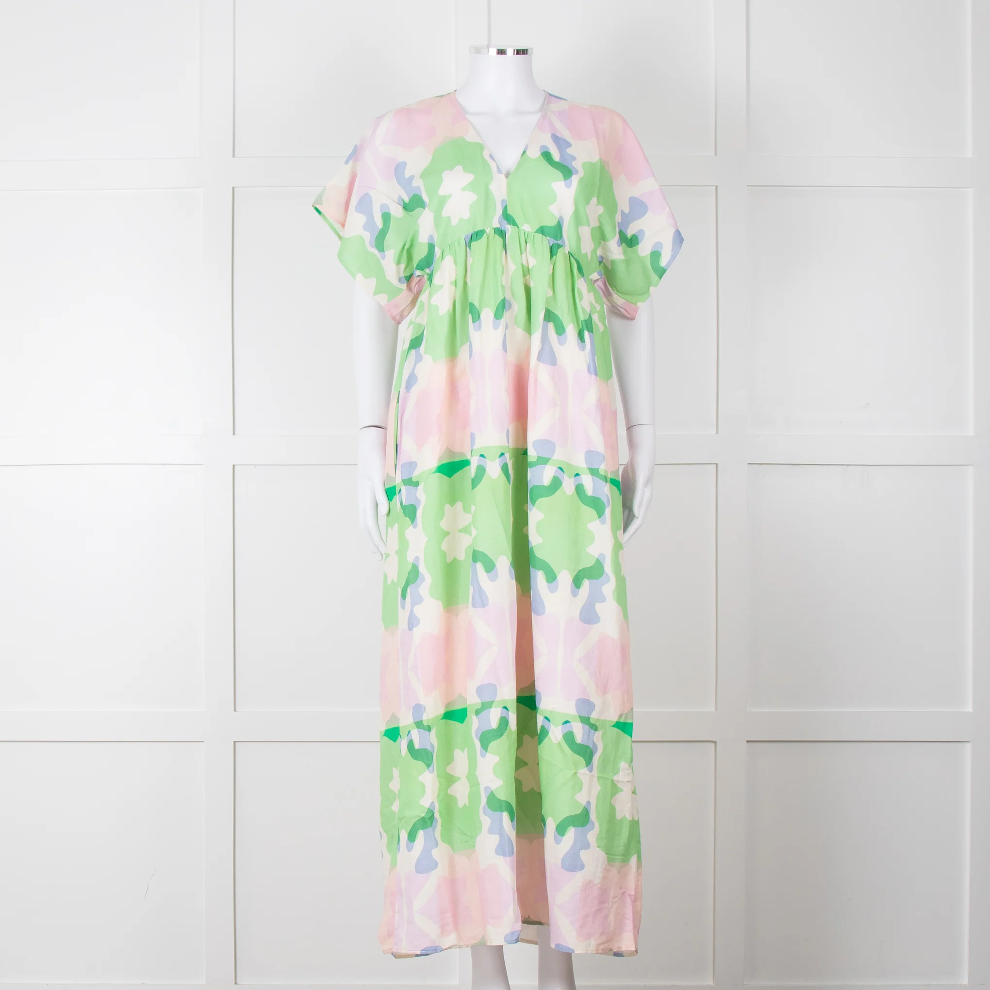 Sacrecoeur Cream Green Pink Cotton Short Sleeve Maxi Dress
