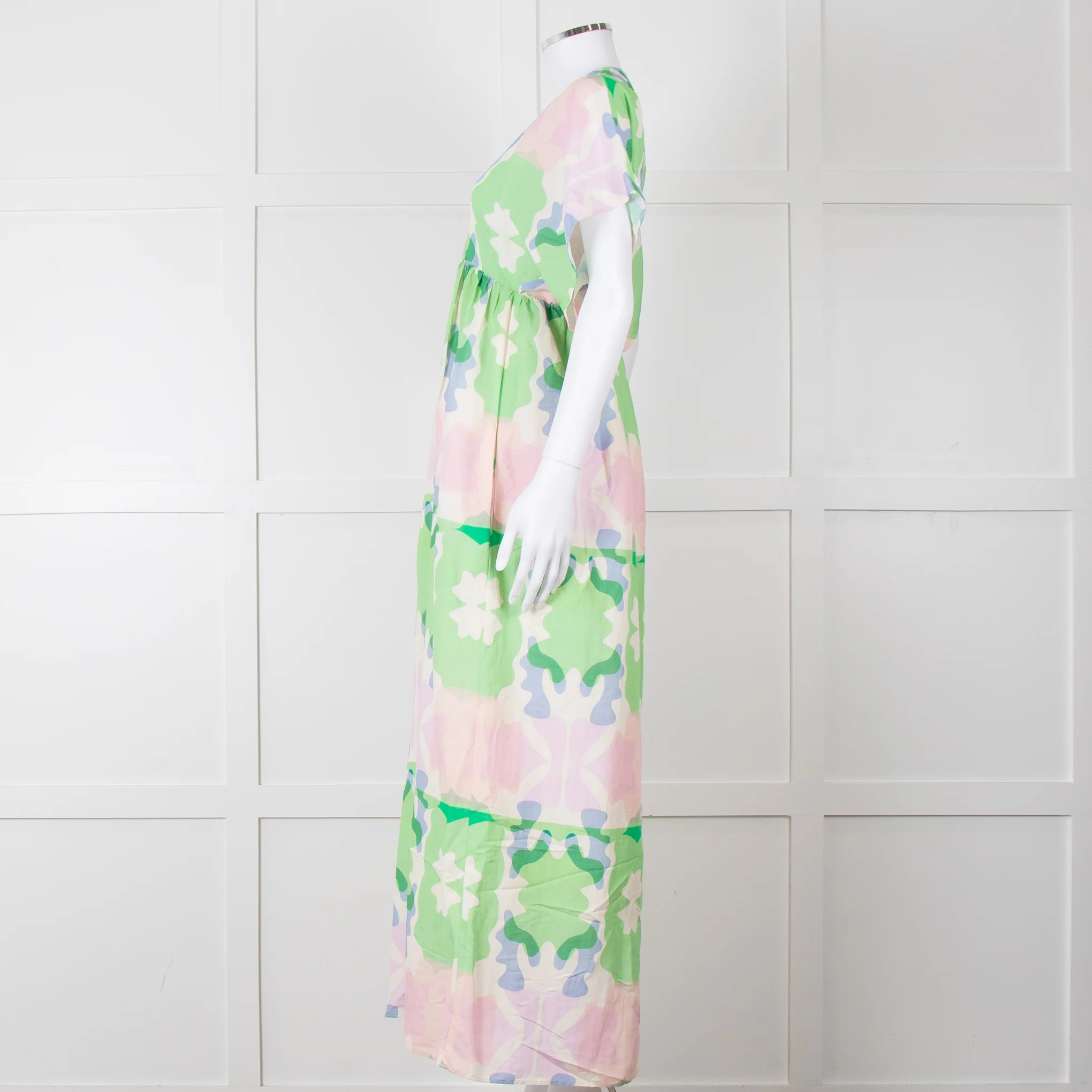 Sacrecoeur Cream Green Pink Cotton Short Sleeve Maxi Dress - Image 3