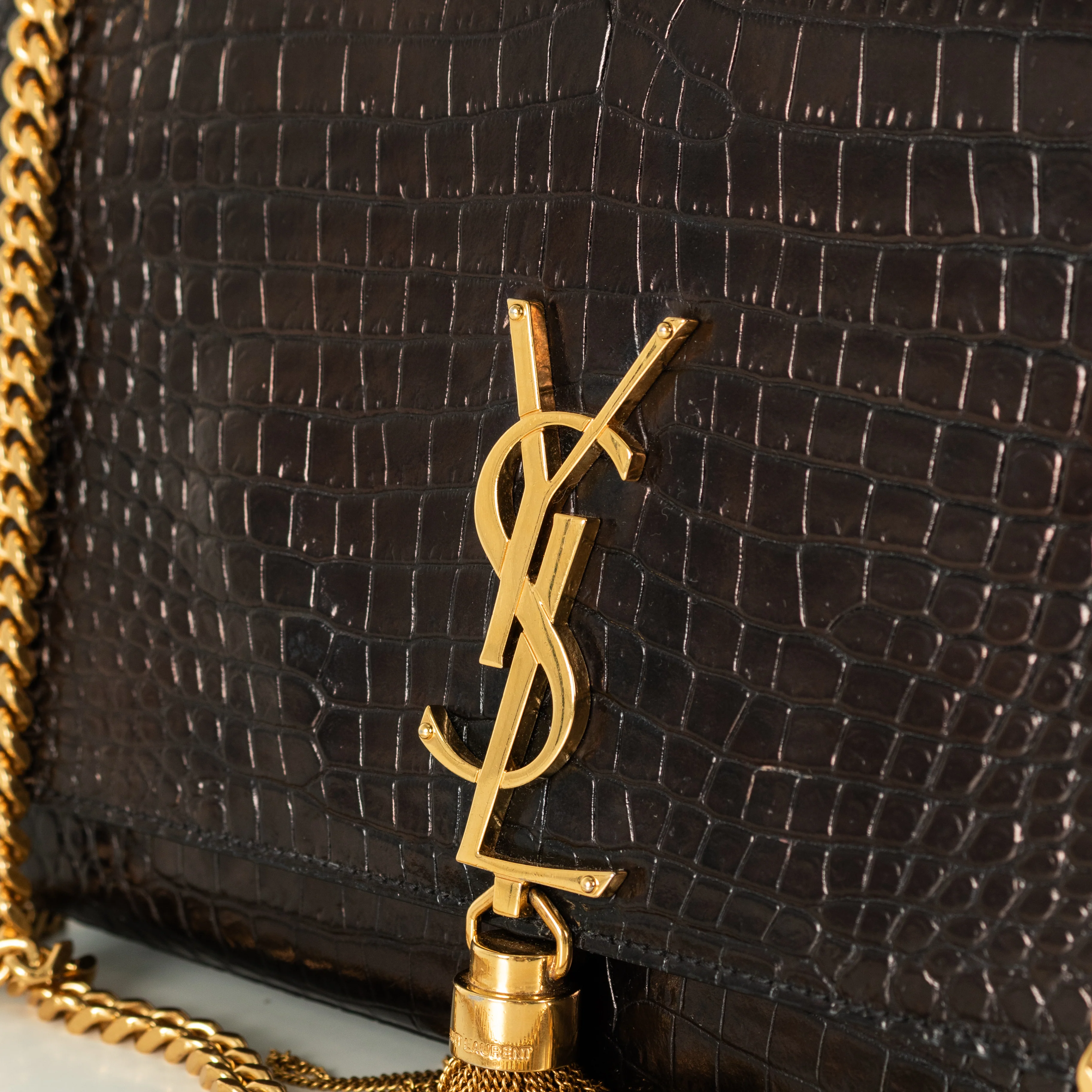 Saint Laurent Brown Croc Effect Shoulder Bag - Image 11