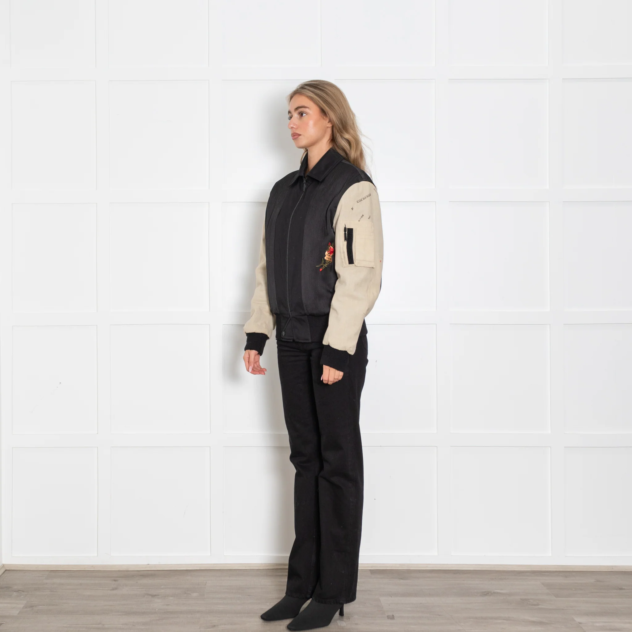 Saint Laurent Black And Cream Embroidered Bomber Jacket - Image 3