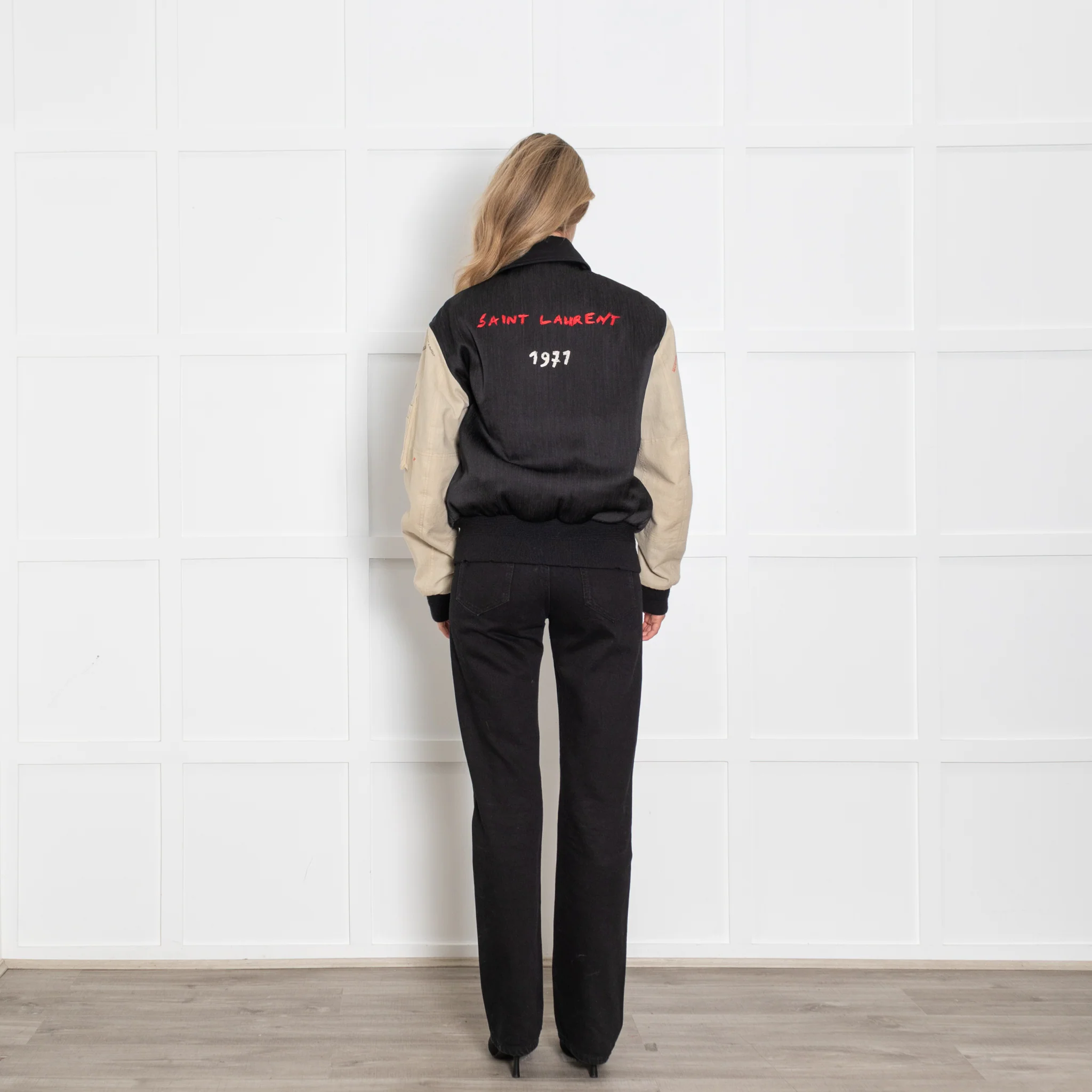 Saint Laurent Black And Cream Embroidered Bomber Jacket - Image 5