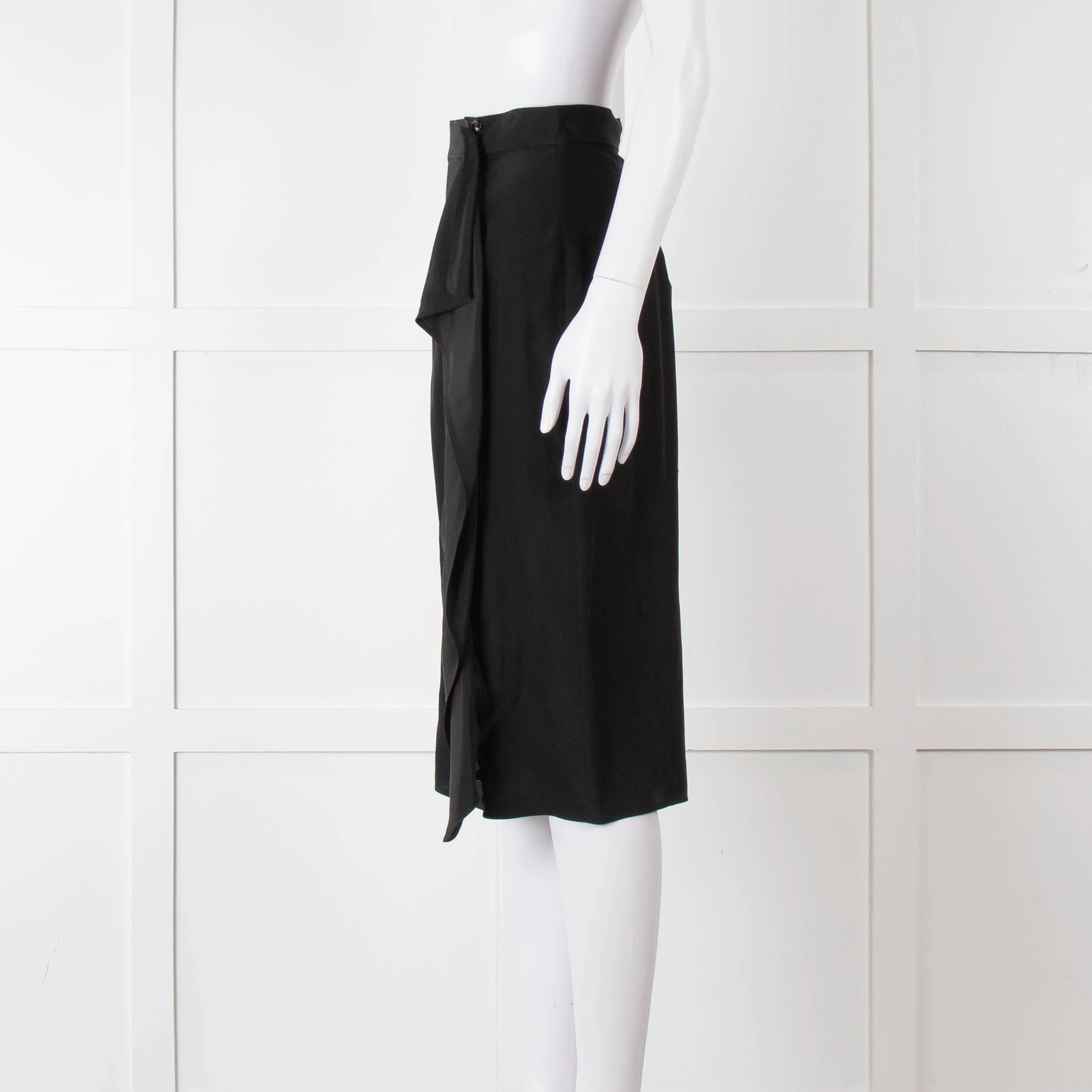Yves Saint Laurent Black Silk Frill Detail Pencil Skirt - Image 7