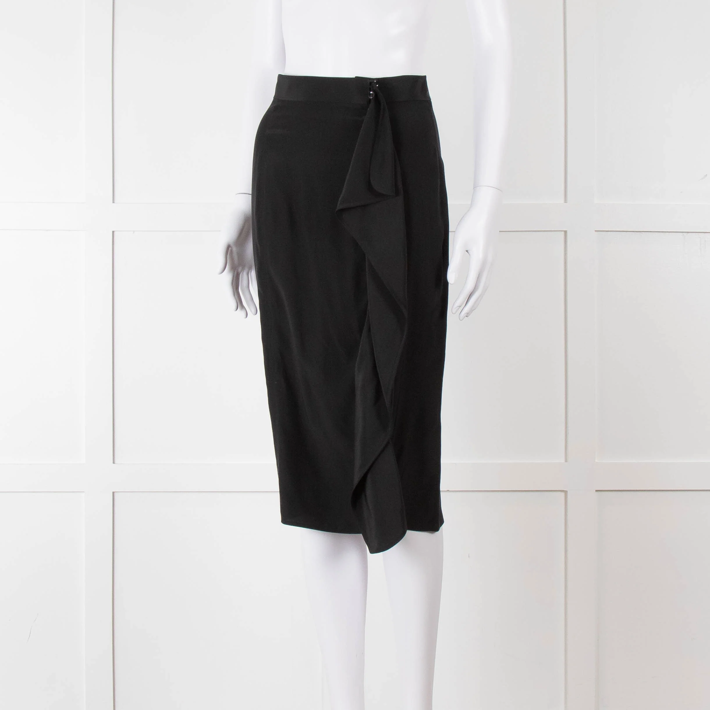 Yves Saint Laurent Black Silk Frill Detail Pencil Skirt - Image 8