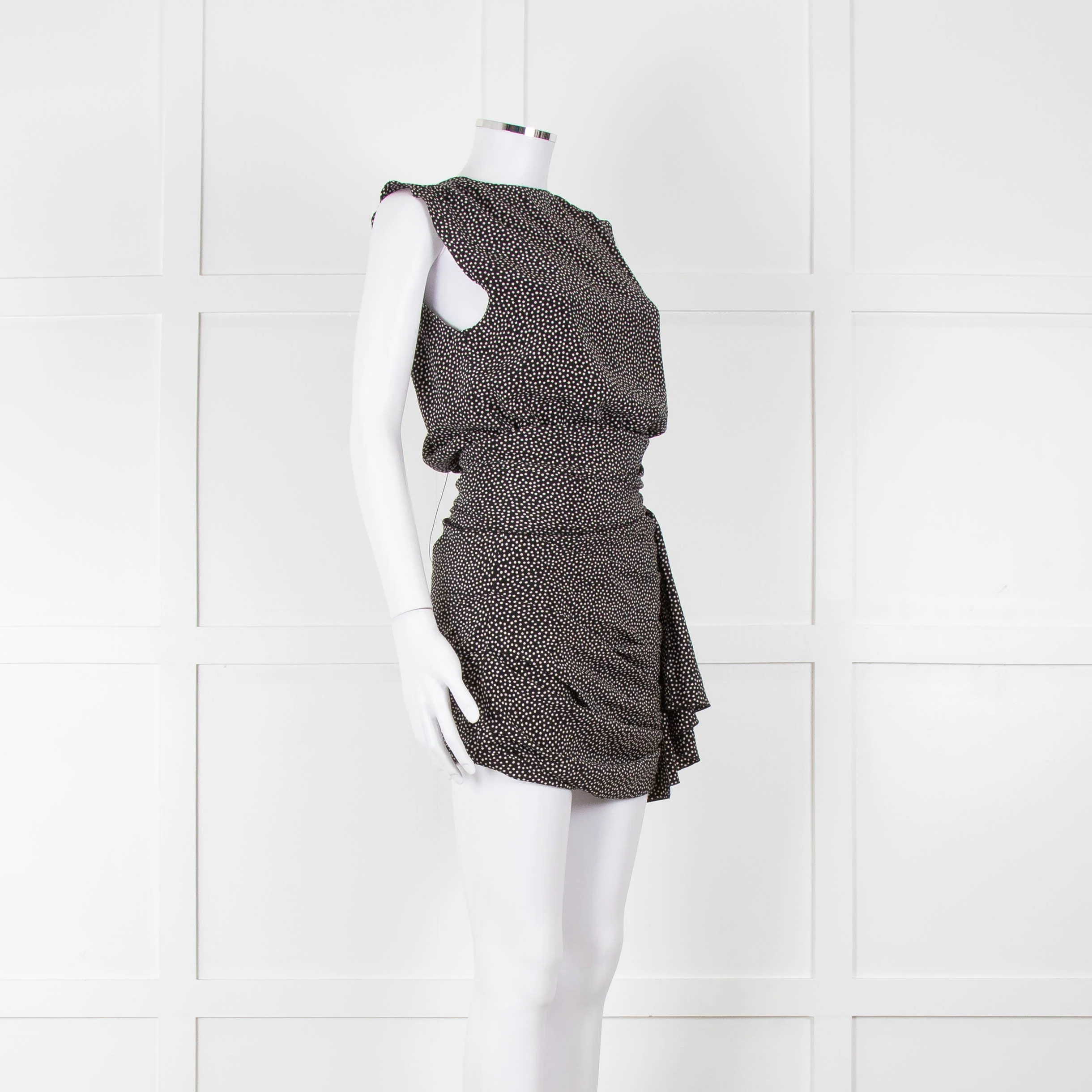 Saint Laurent Black White Polka Dot Gathered Sleeveless Mini Dress - Image 2