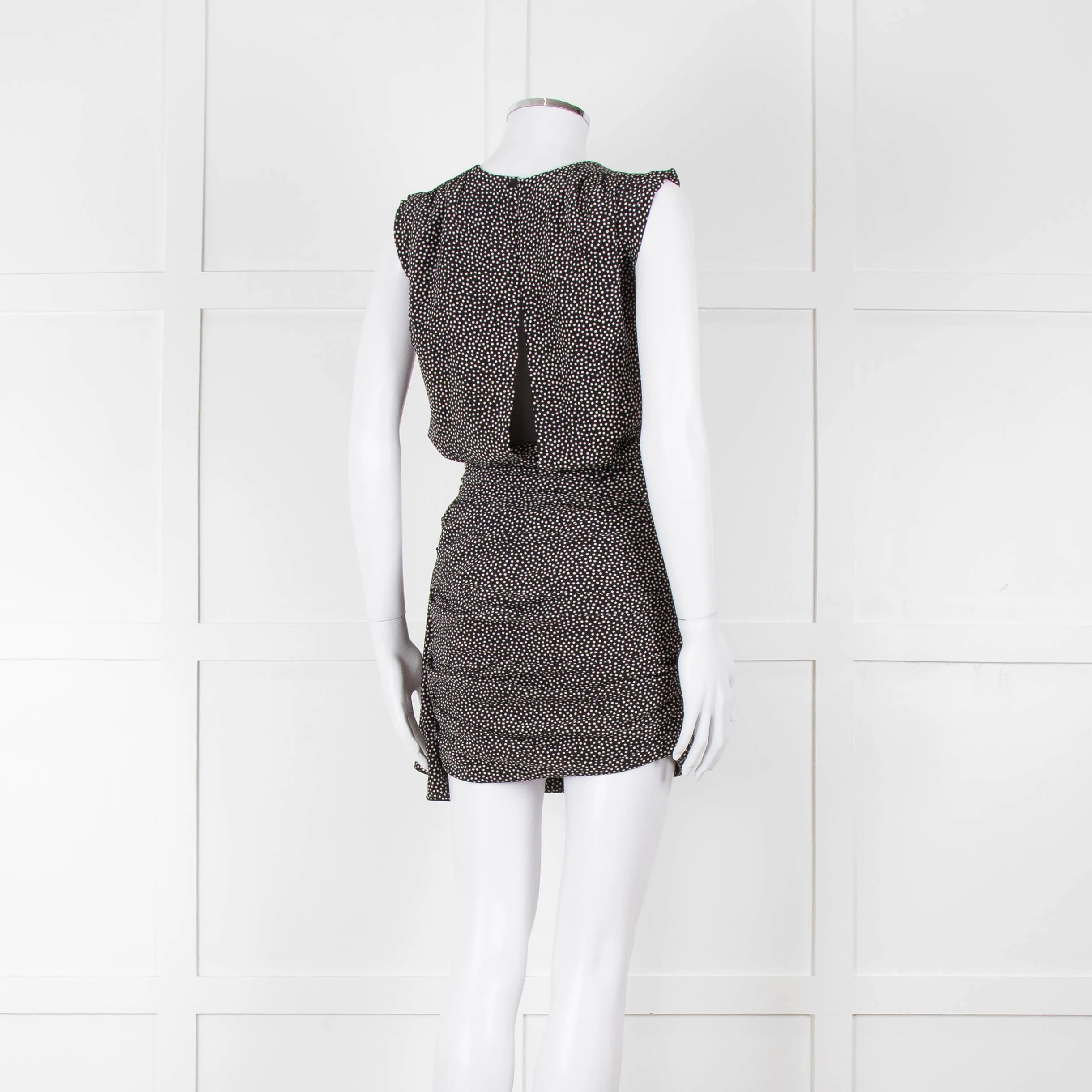 Saint Laurent Black White Polka Dot Gathered Sleeveless Mini Dress - Image 4