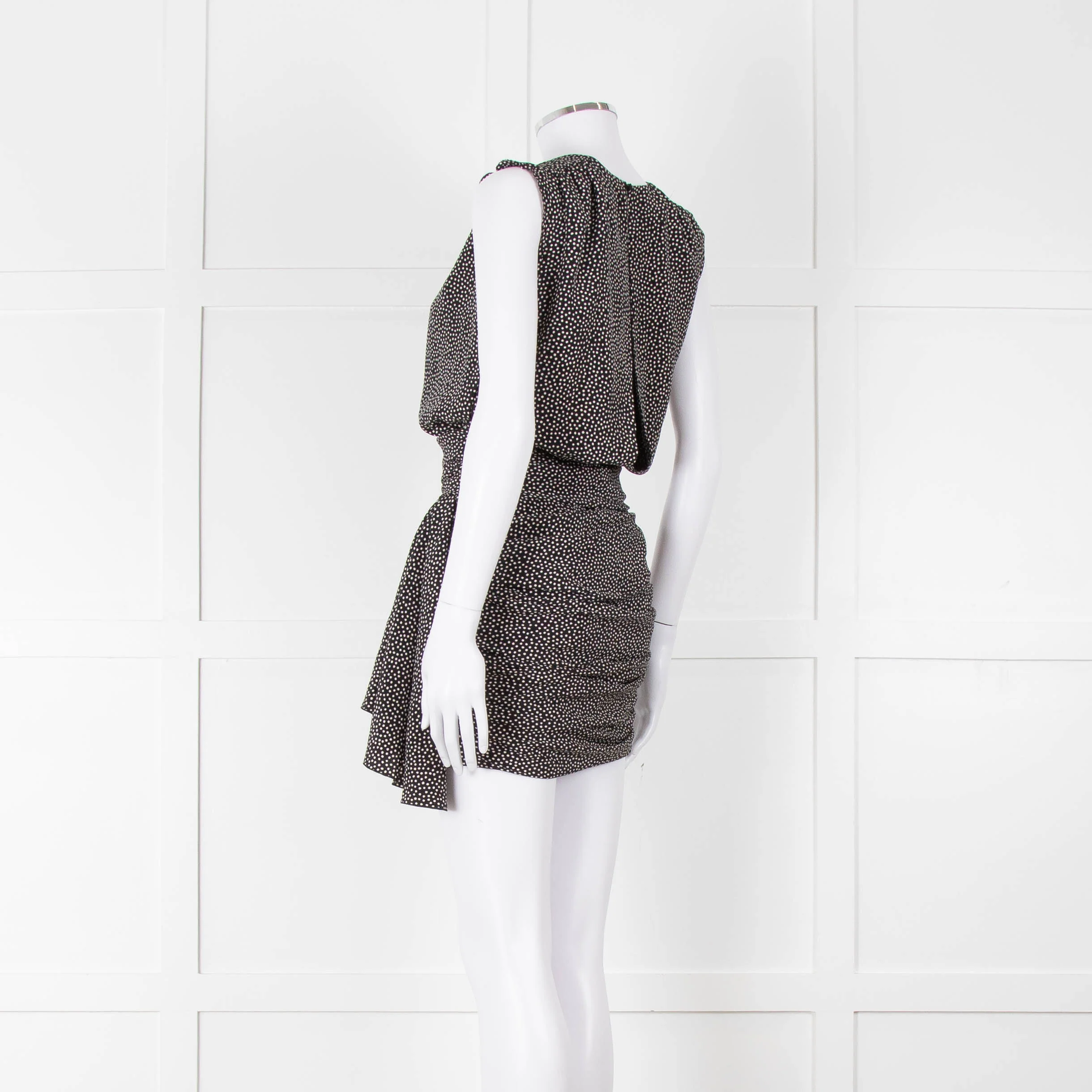 Saint Laurent Black White Polka Dot Gathered Sleeveless Mini Dress - Image 6
