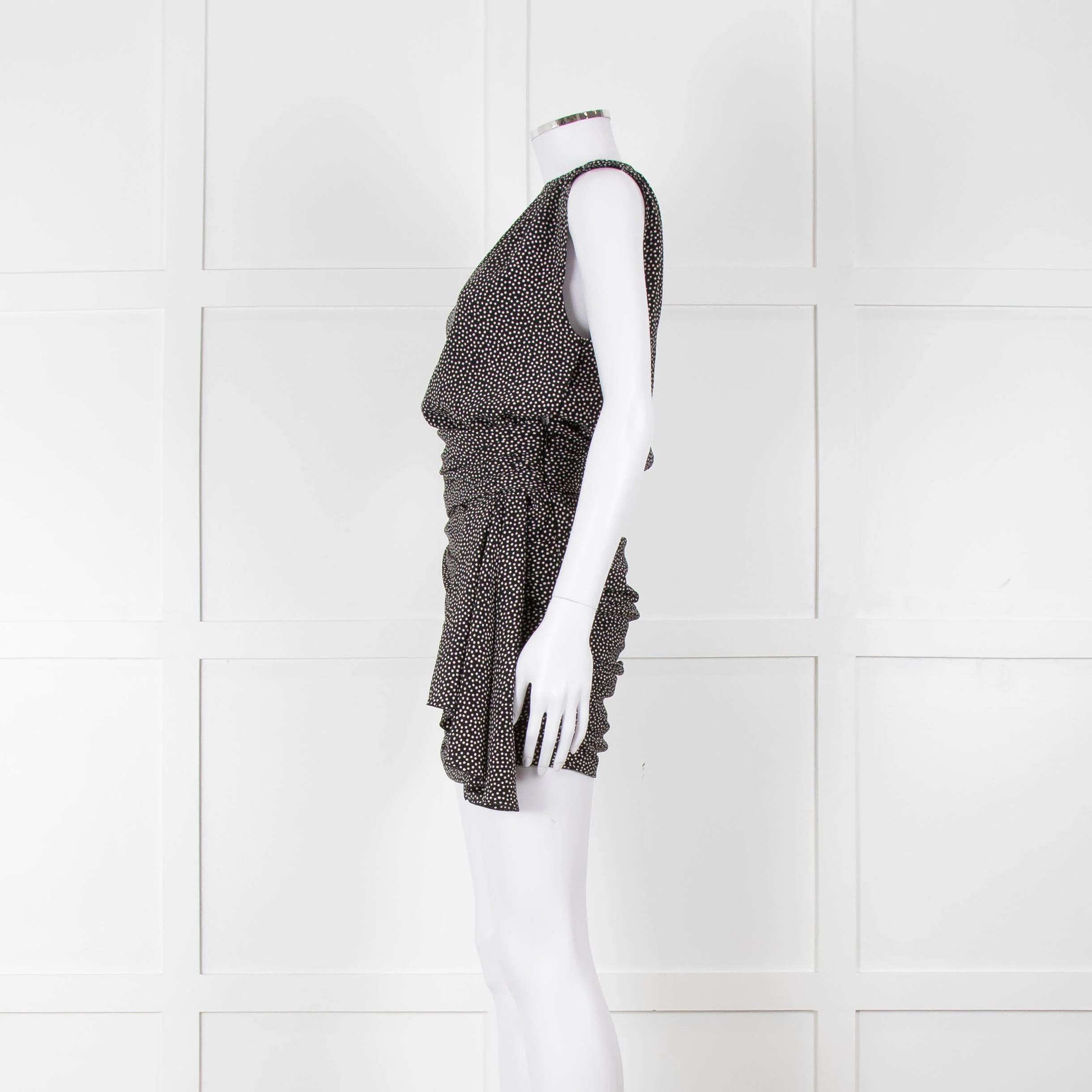 Saint Laurent Black White Polka Dot Gathered Sleeveless Mini Dress - Image 7
