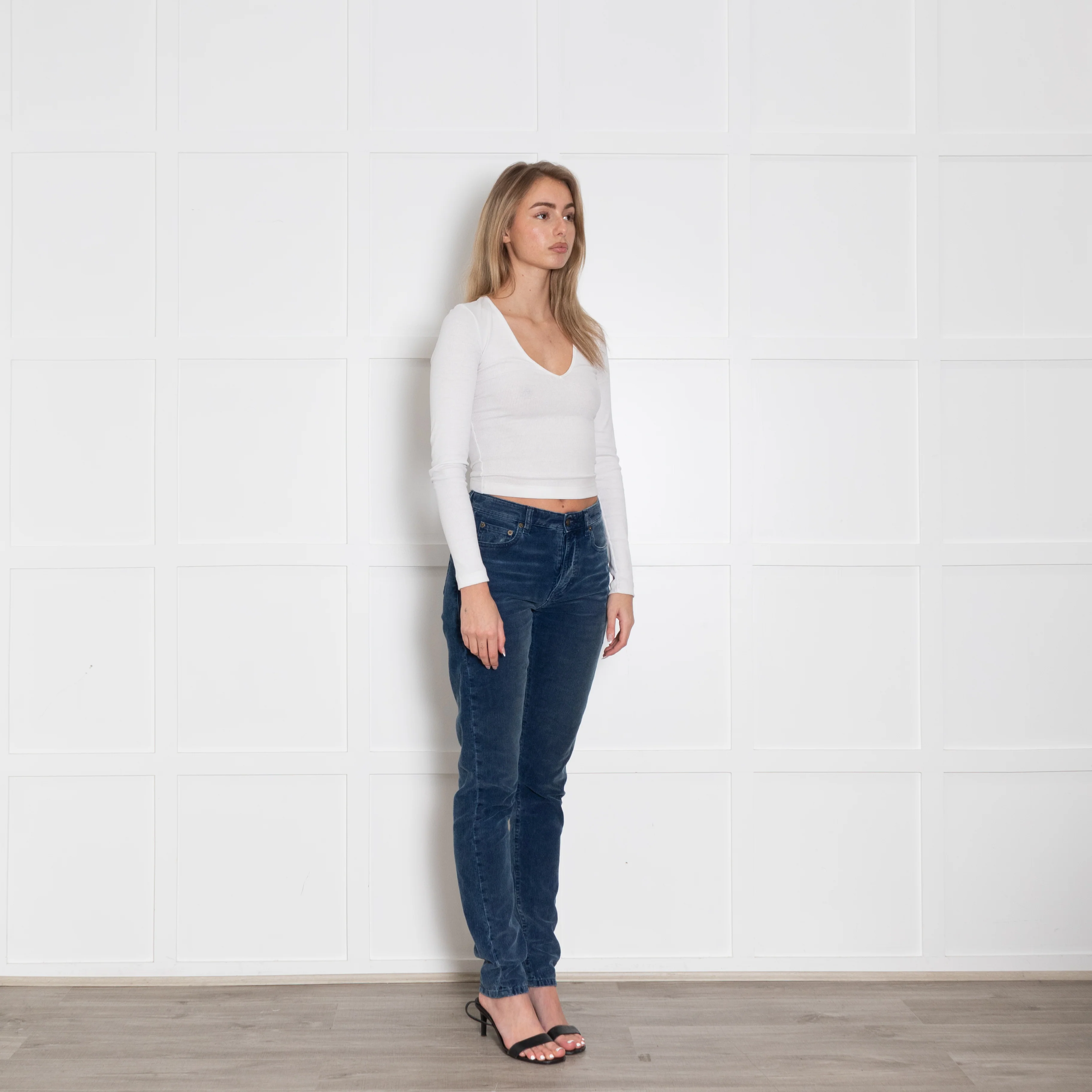 Saint Laurent Blue Corduroy Slim Leg Trousers - Image 7
