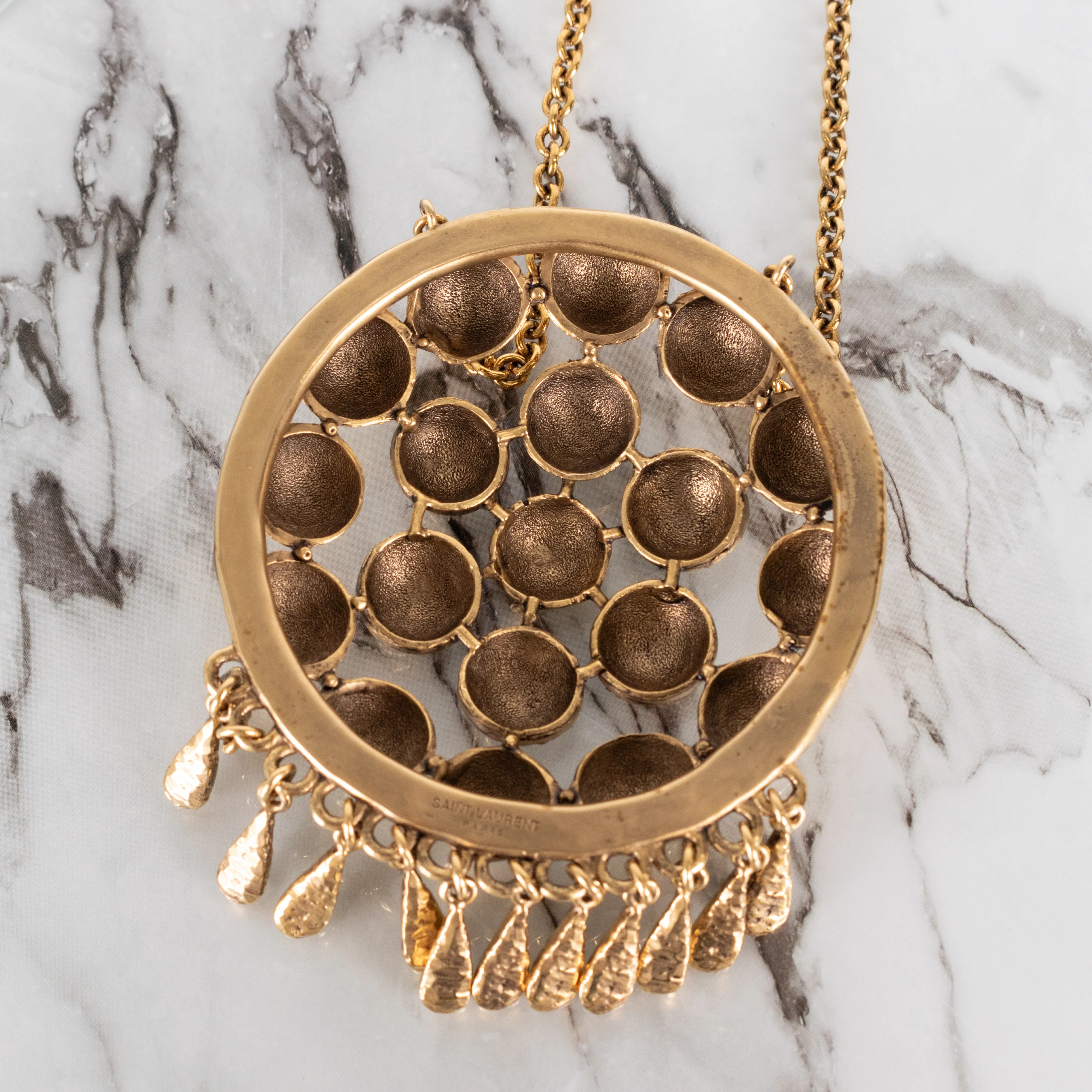Saint Laurent Gold Tone Ball Flower Pendant Necklace - Image 10