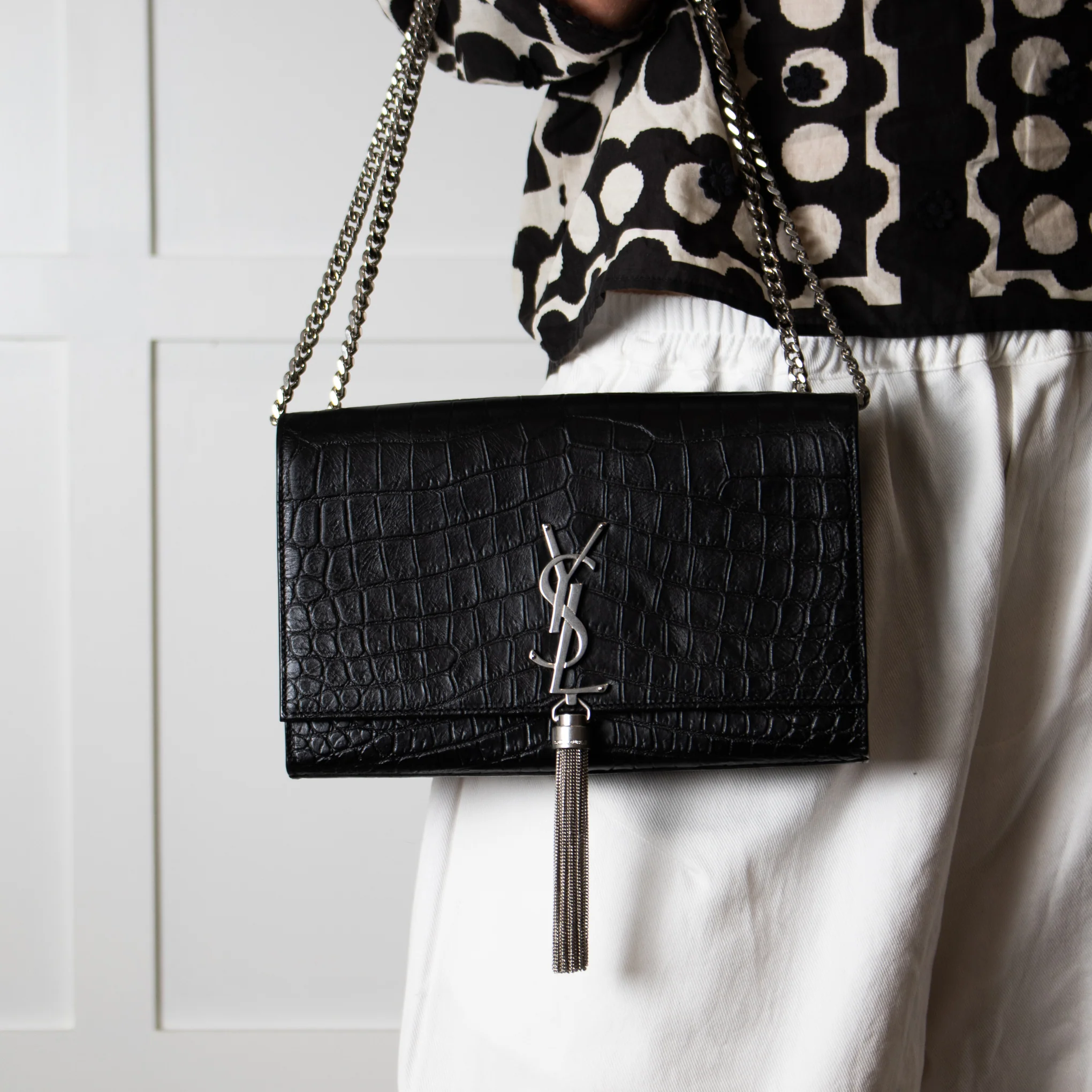 Saint Laurent Kate Medium Tassel Croc Embossed Crossbody Bag Silver - Image 2