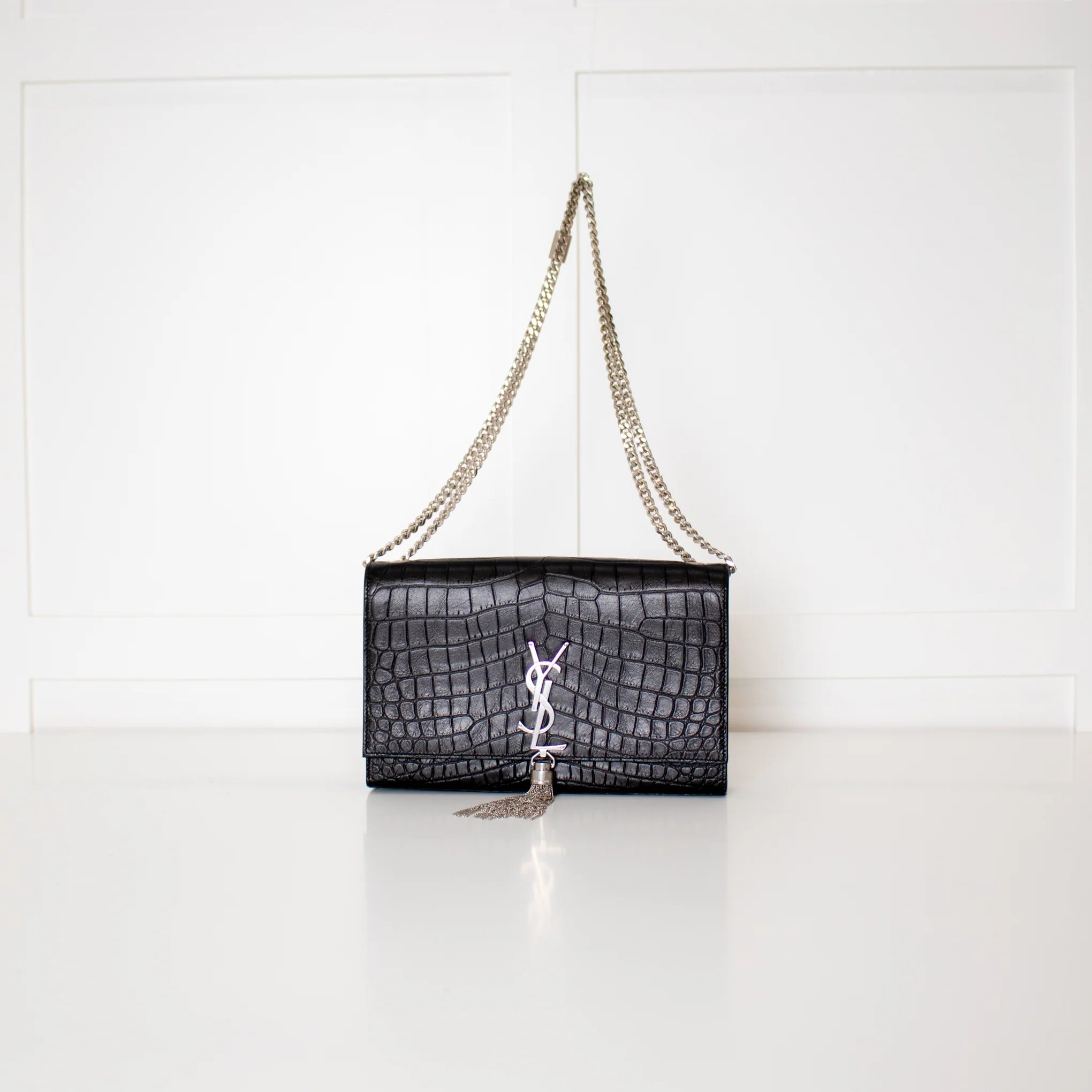 Saint Laurent Kate Medium Tassel Croc Embossed Crossbody Bag Silver - Image 3
