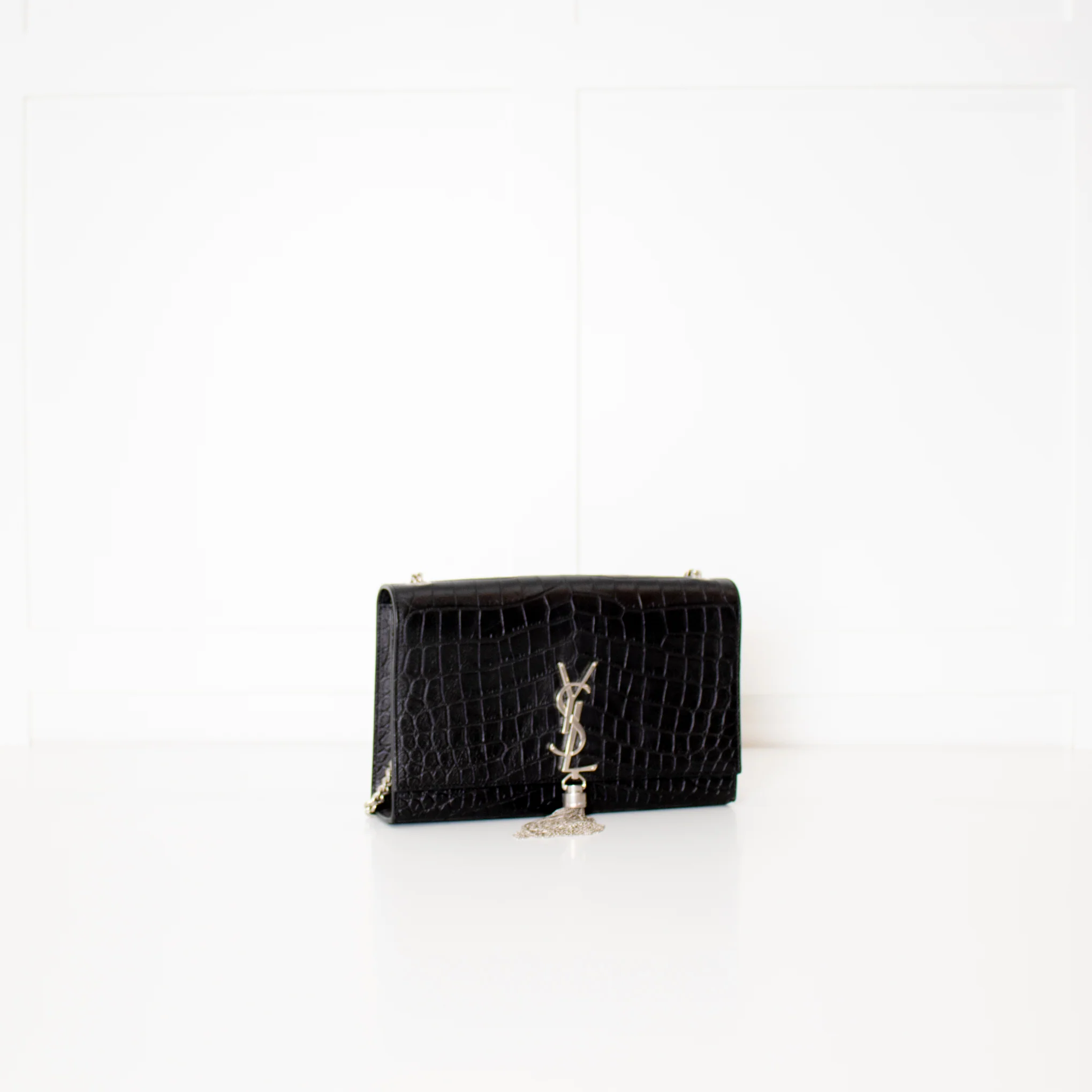 Saint Laurent Kate Medium Tassel Croc Embossed Crossbody Bag Silver - Image 4