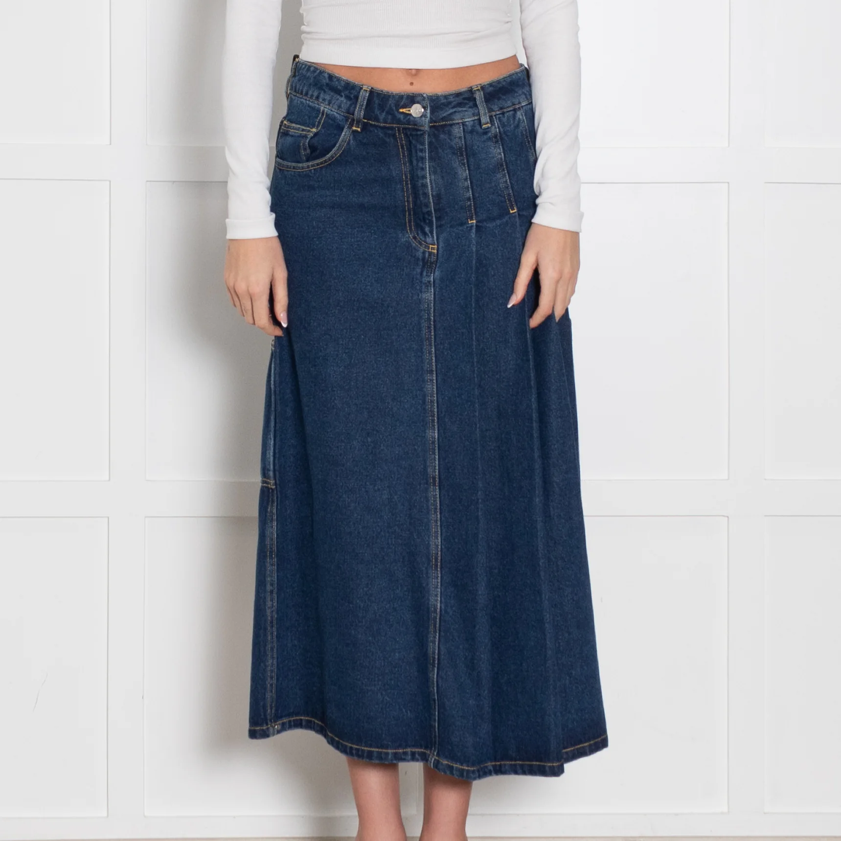 Saks Potts Blue Denim Pleat Detail Mid Skirt - Image 2