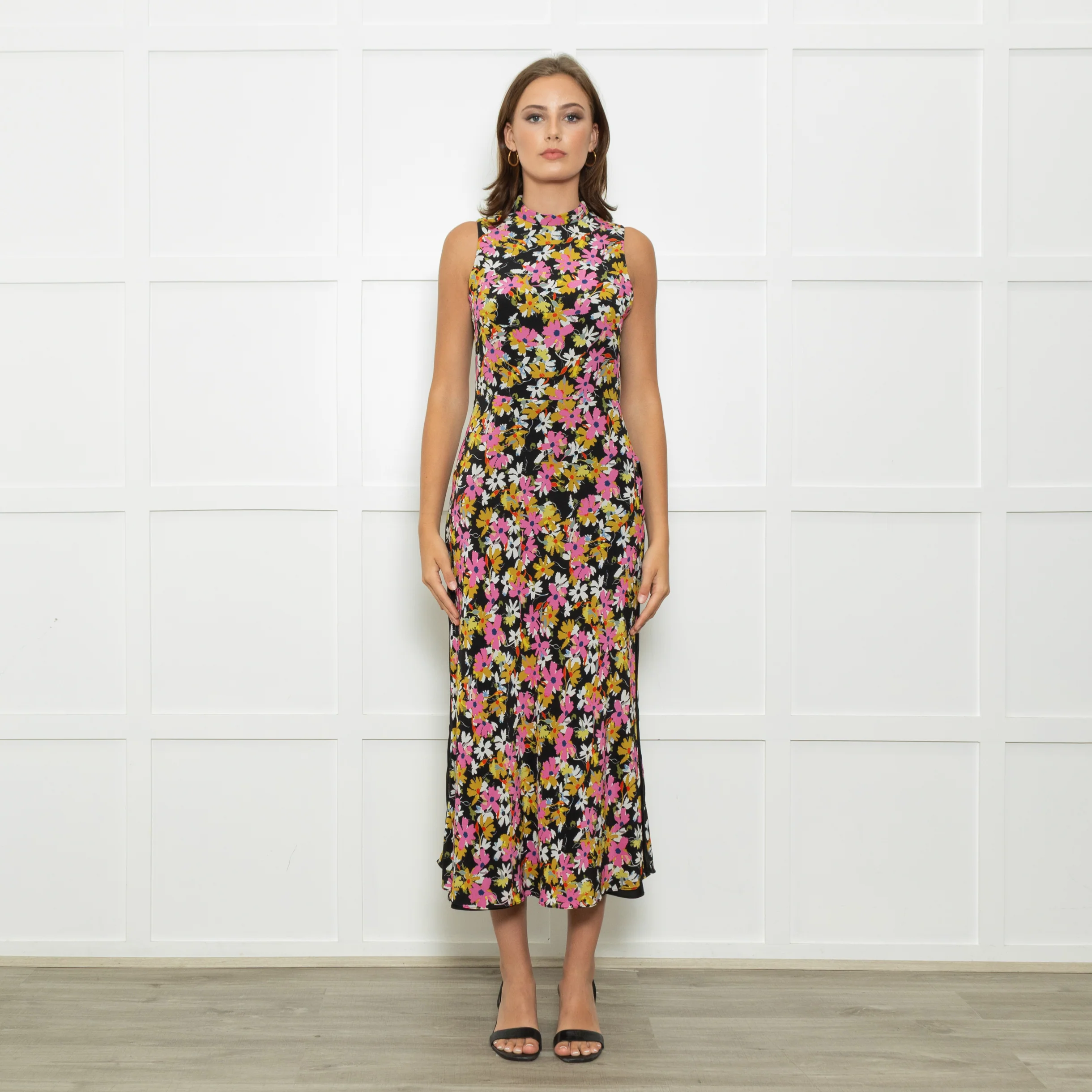 Saloni Black Pink White Floral Open Back Long Dress